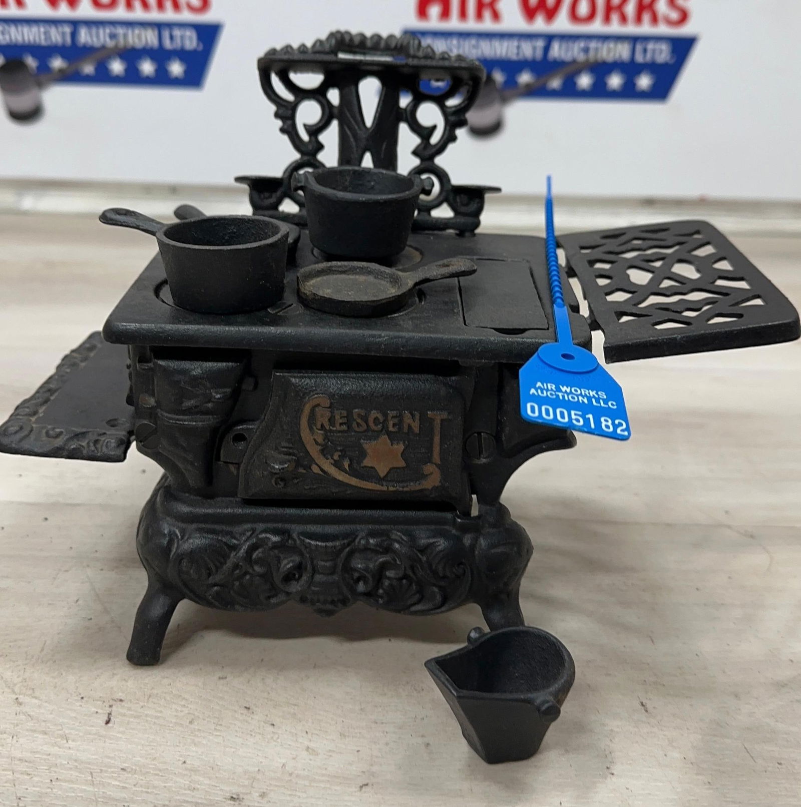 CRESCENT MINI STOVE WITH THE PANS: Load-out Pick up for all online purchases for Antiques & collectibles is Monday, Tuesday, Wednesday, February 23rd, 24th, 25th At our shipper's location. We do offer shipping on all items shippable wi