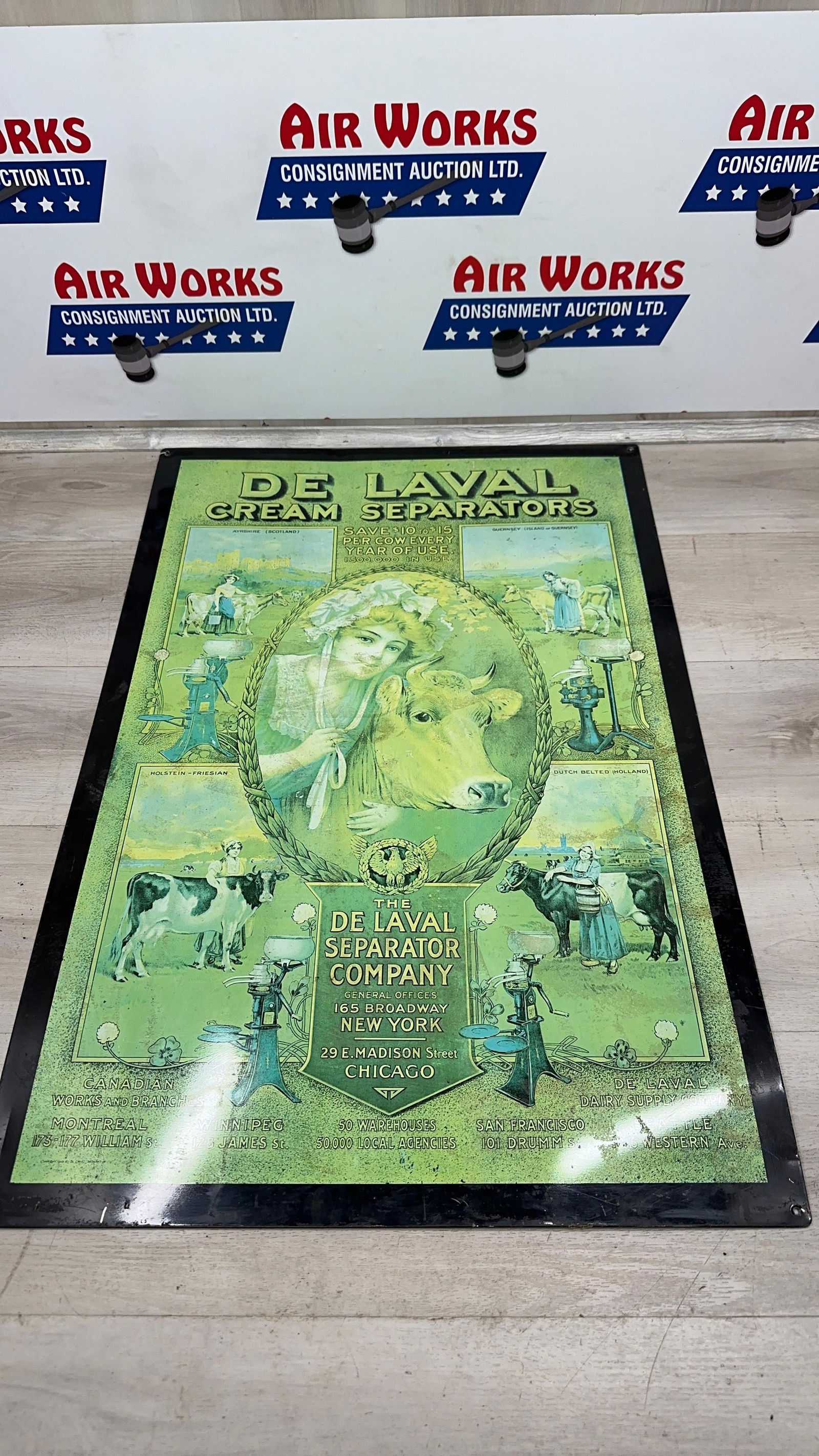 DELAVAL TIN SIGN: Load-out Pick up for all online purchases for Antiques & collectibles is Monday, Tuesday, Wednesday, February 23rd, 24th, 25th At our shipper's location. We do offer shipping on all items shippable wi