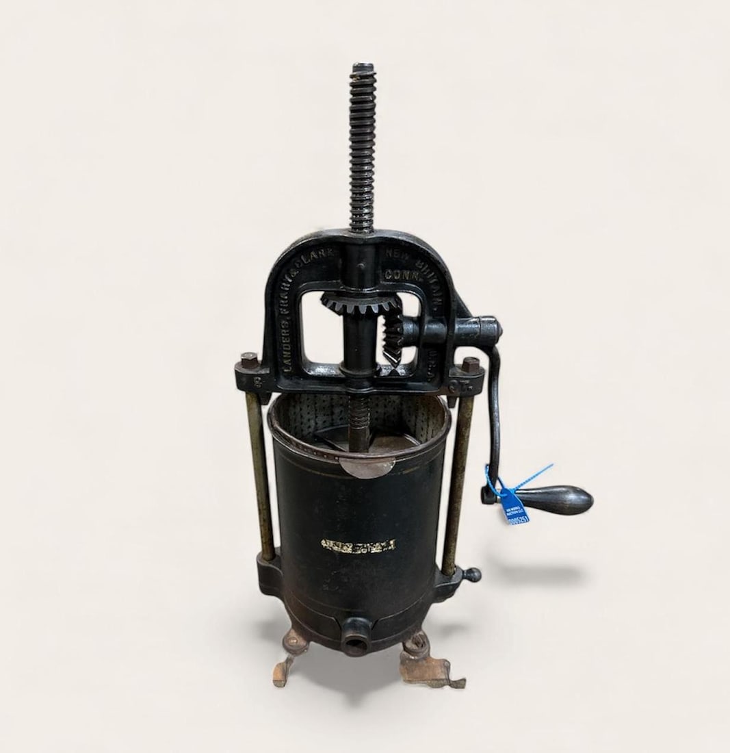 CAST IRON FRUIT/SAUSAGE PRESS. LANDERS, FRARY & CLARK: Load-out Pick up for all online purchases for Antiques & collectibles is Monday, Tuesday, Wednesday, February 23rd, 24th, 25th At our shipper's location. We do offer shipping on all items shippable wi