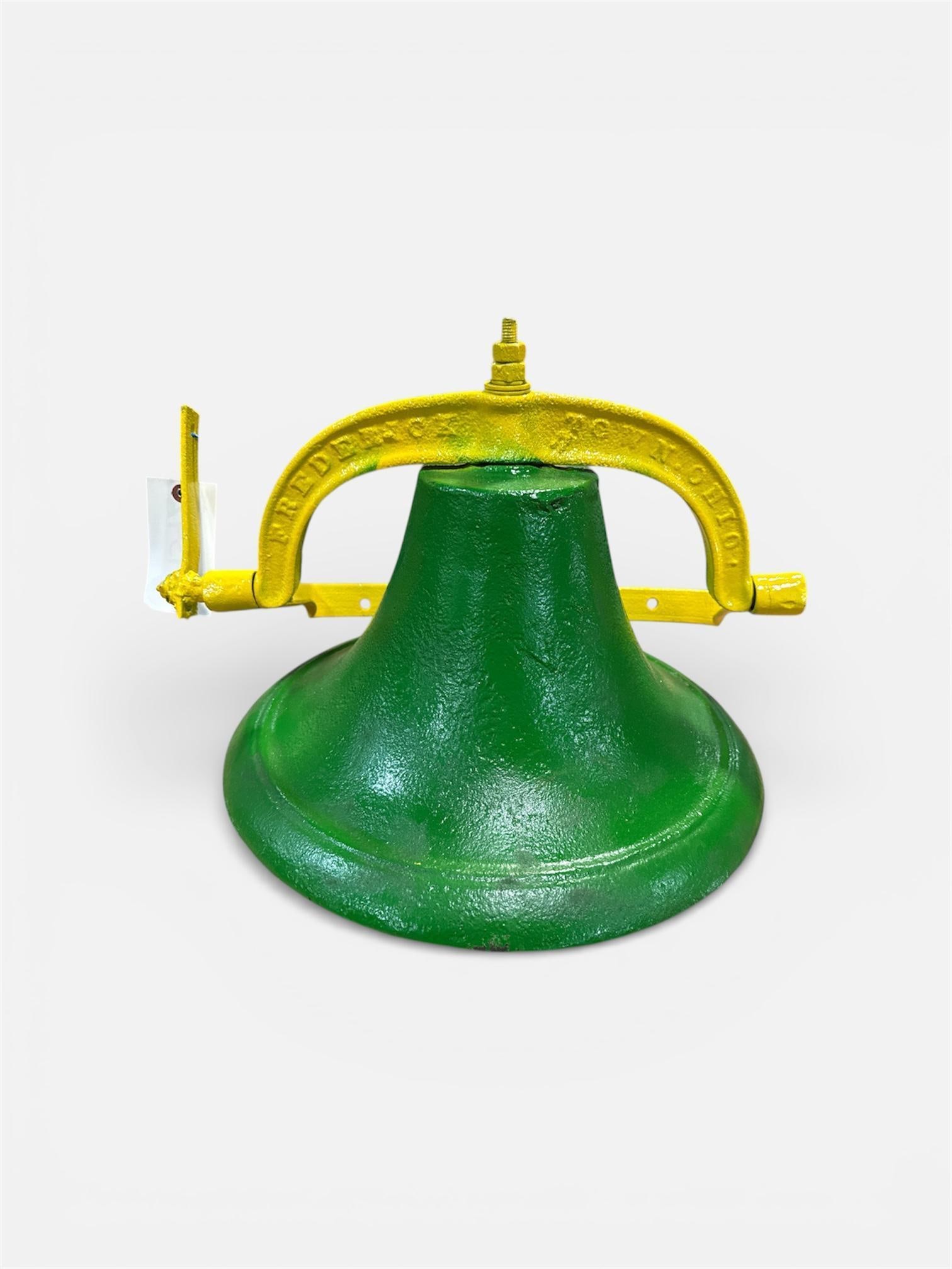 CAST IRON DINNER BELL FREDERICKTOWN OHIO. PAINTED JOHN DEERE GREEN 19": Load-out Pick up for all online purchases for Antiques & collectibles is Monday, Tuesday, Wednesday, February 23rd, 24th, 25th At our shipper's location. We do offer shipping on all items shippable wi