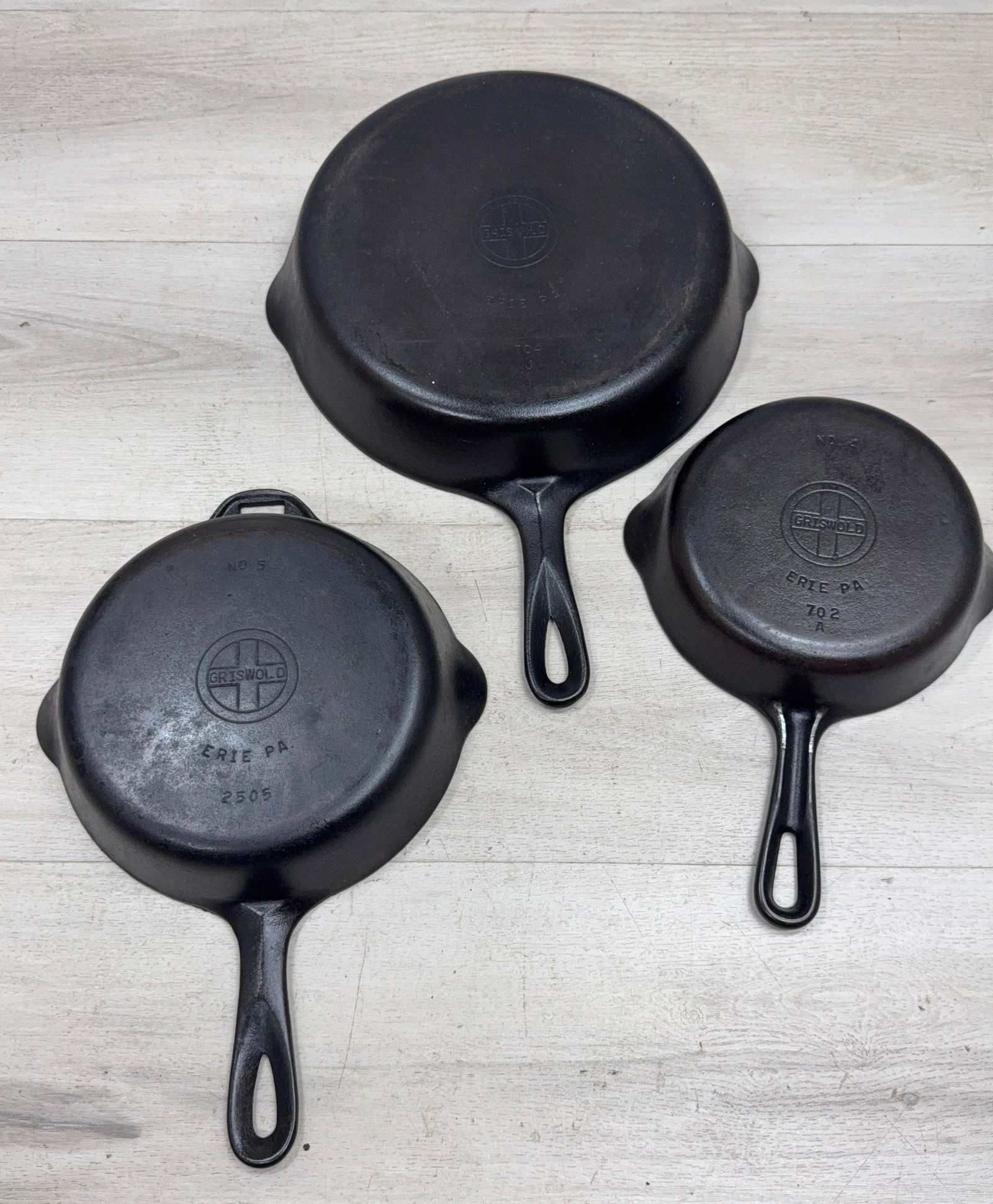 SET OF 3 GRISWOLD SMALL LOGO SKILLETS. #'S 4,5 AND 8: Load-out Pick up for all online purchases for Antiques & collectibles is Monday, Tuesday, Wednesday, February 23rd, 24th, 25th At our shipper's location. We do offer shipping on all items shippable wi