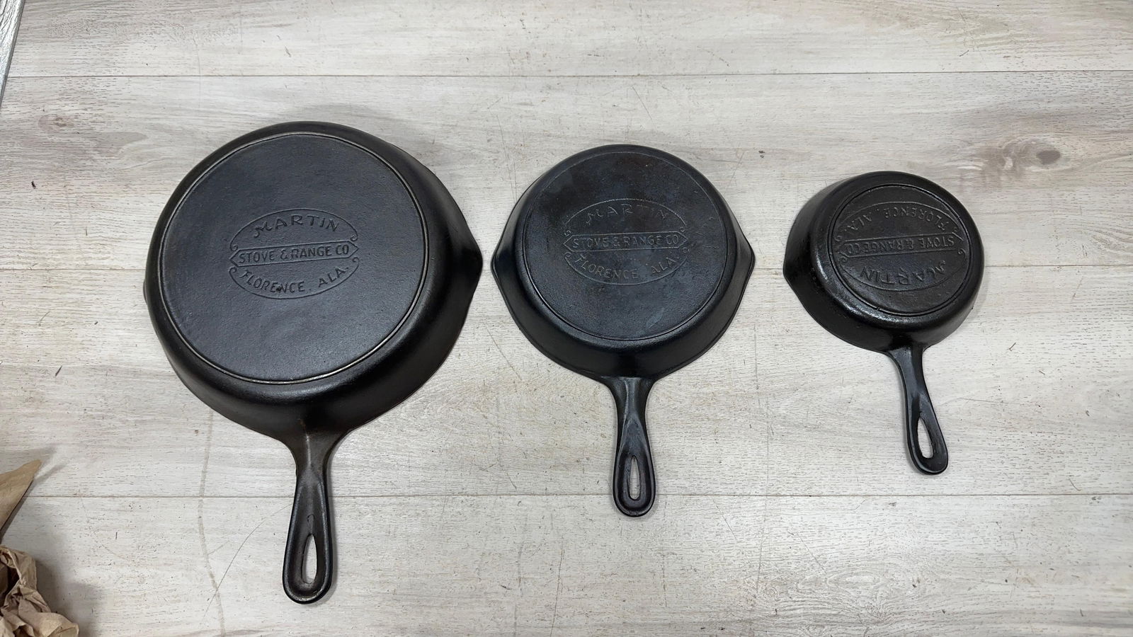SET OF (3) THREE MARTIN SKILLETS. NO'S 3,5 AND 8: Load-out Pick up for all online purchases for Antiques & collectibles is Monday, Tuesday, Wednesday, February 23rd, 24th, 25th At our shipper's location. We do offer shipping on all items shippable