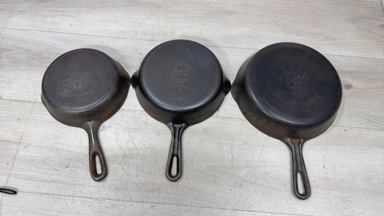 SET OF 3 GRISWOLD SMALL LOGO SKILLETS. 3, 5 AND 6: Load-out Pick up for all online purchases for Antiques & collectibles is Monday, Tuesday, Wednesday, February 23rd, 24th, 25th At our shipper's location. We do offer shipping on all items shippable wi