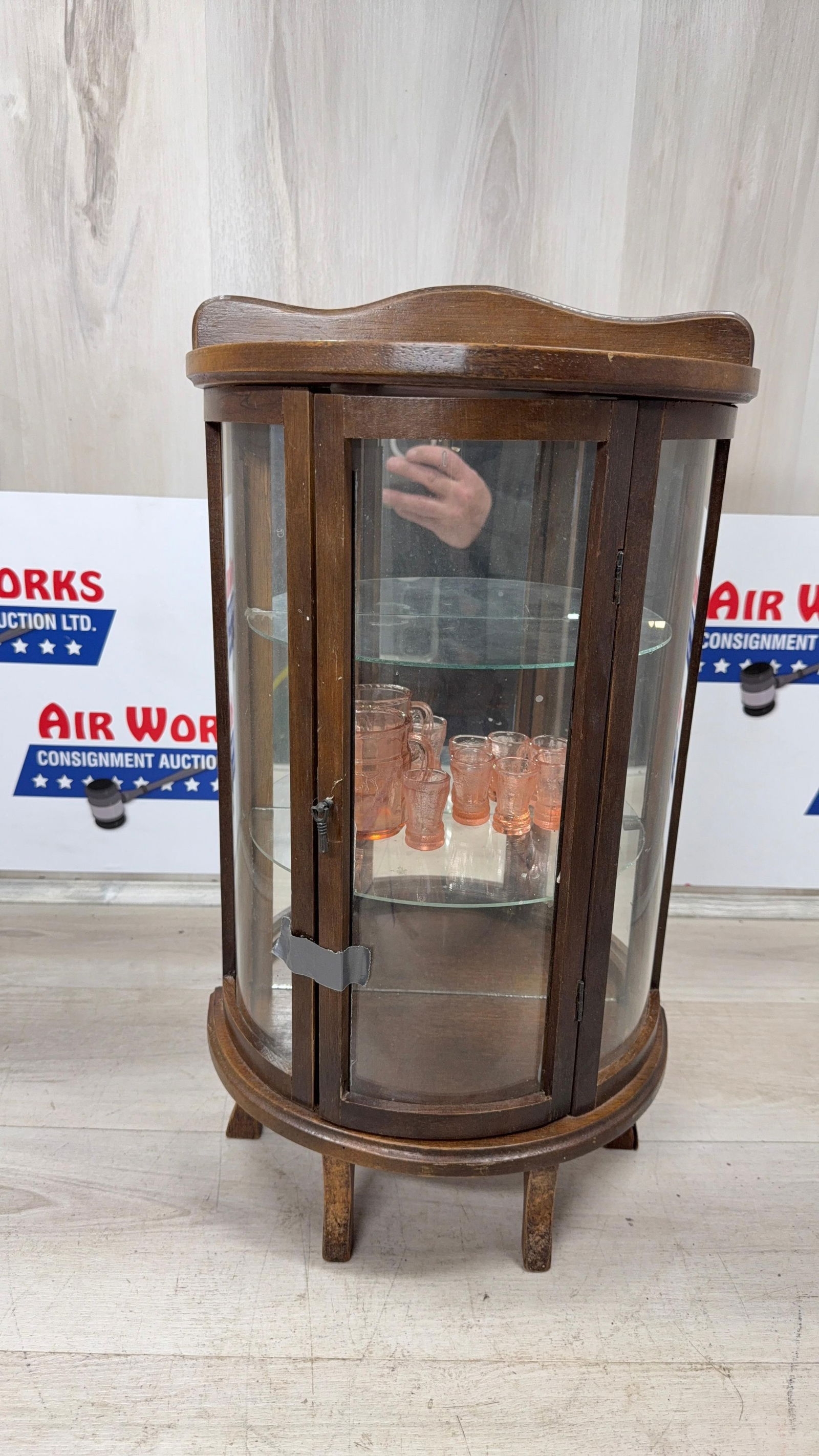 LOOK!! MINI CURIO CABINET WITH PINK DEPRESSION: Load-out Pick up for all online purchases for Antiques & collectibles is Monday, Tuesday, Wednesday, February 23rd, 24th, 25th At our shipper's location. We do offer shipping on all items shippable wi