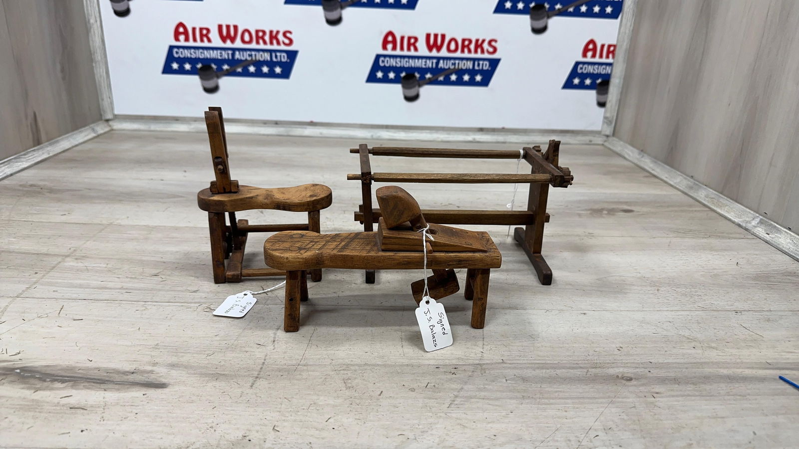 SET OF 3 MINIATURES. QUILT FRAME, STITCH PONY AND SHAVE BENCH: Load-out Pick up for all online purchases for Antiques & collectibles is Monday, Tuesday, Wednesday, February 23rd, 24th, 25th At our shipper's location. We do offer shipping on all items shippable wi