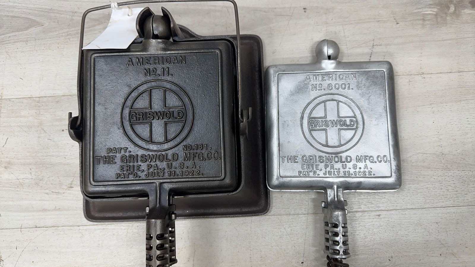 GRIWOLD NO. 11 WAFFLE IRON AND CAST ALUMINUM NO 6001 IRON.: Load-out Pick up for all online purchases for Antiques & collectibles is Monday, Tuesday, Wednesday, February 23rd, 24th, 25th At our shipper's location. We do offer shipping on all items shippable wi
