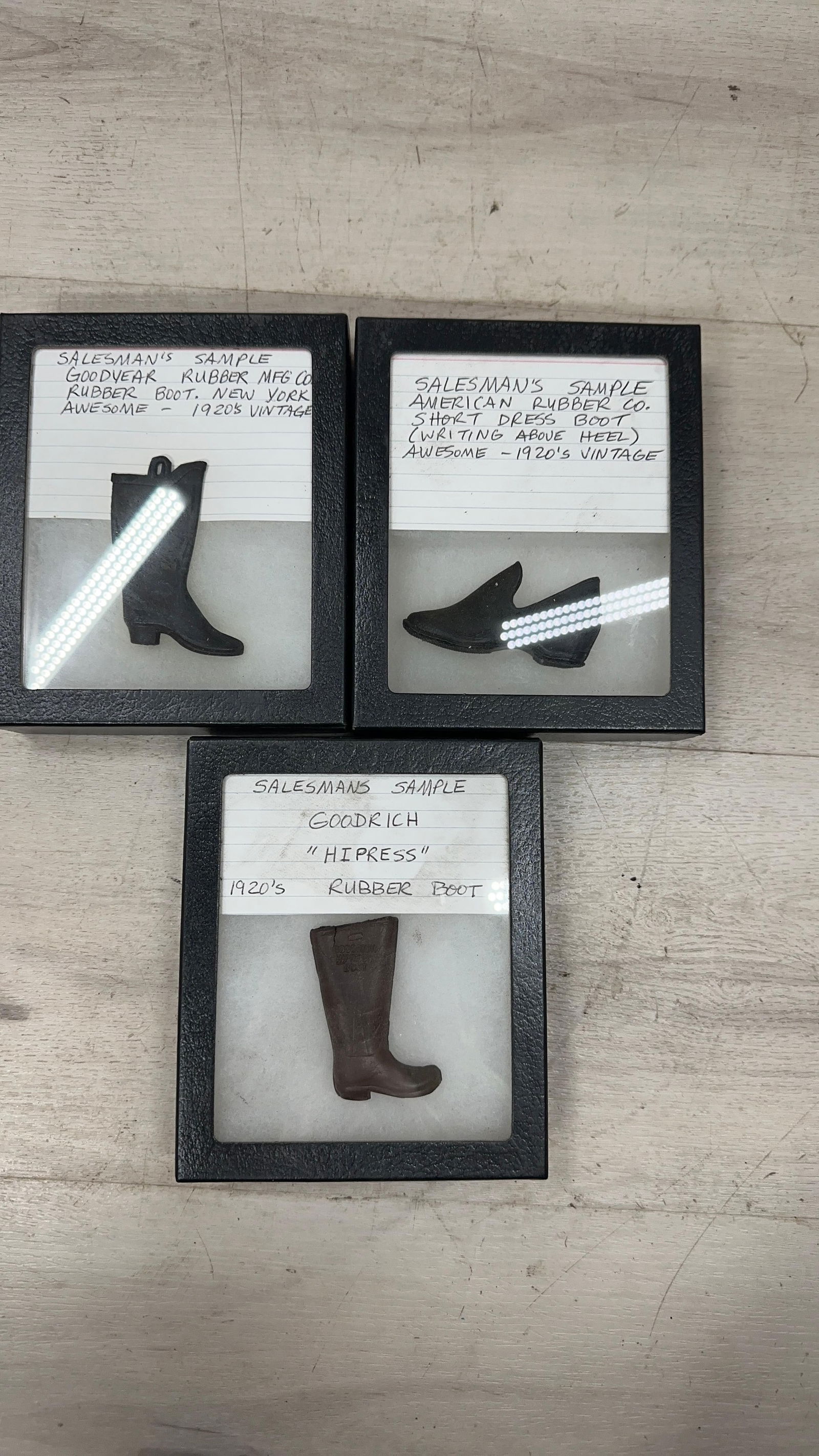 SET OF 3 SALESMAN SAMPLE RUBBER BOOTS: Load-out Pick up for all online purchases for Antiques & collectibles is Monday, Tuesday, Wednesday, February 23rd, 24th, 25th At our shipper's location. We do offer shipping on all items shippable wi
