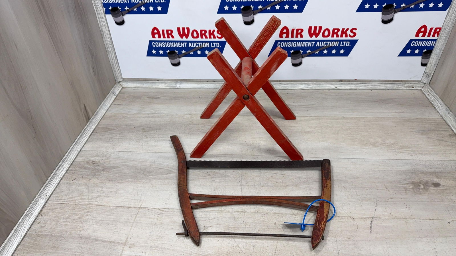 SALEMAN SAMPLE BOW SAW AND WOOD TRESTLE: Load-out Pick up for all online purchases for Antiques & collectibles is Monday, Tuesday, Wednesday, February 23rd, 24th, 25th At our shipper's location. We do offer shipping on all items shippable wi