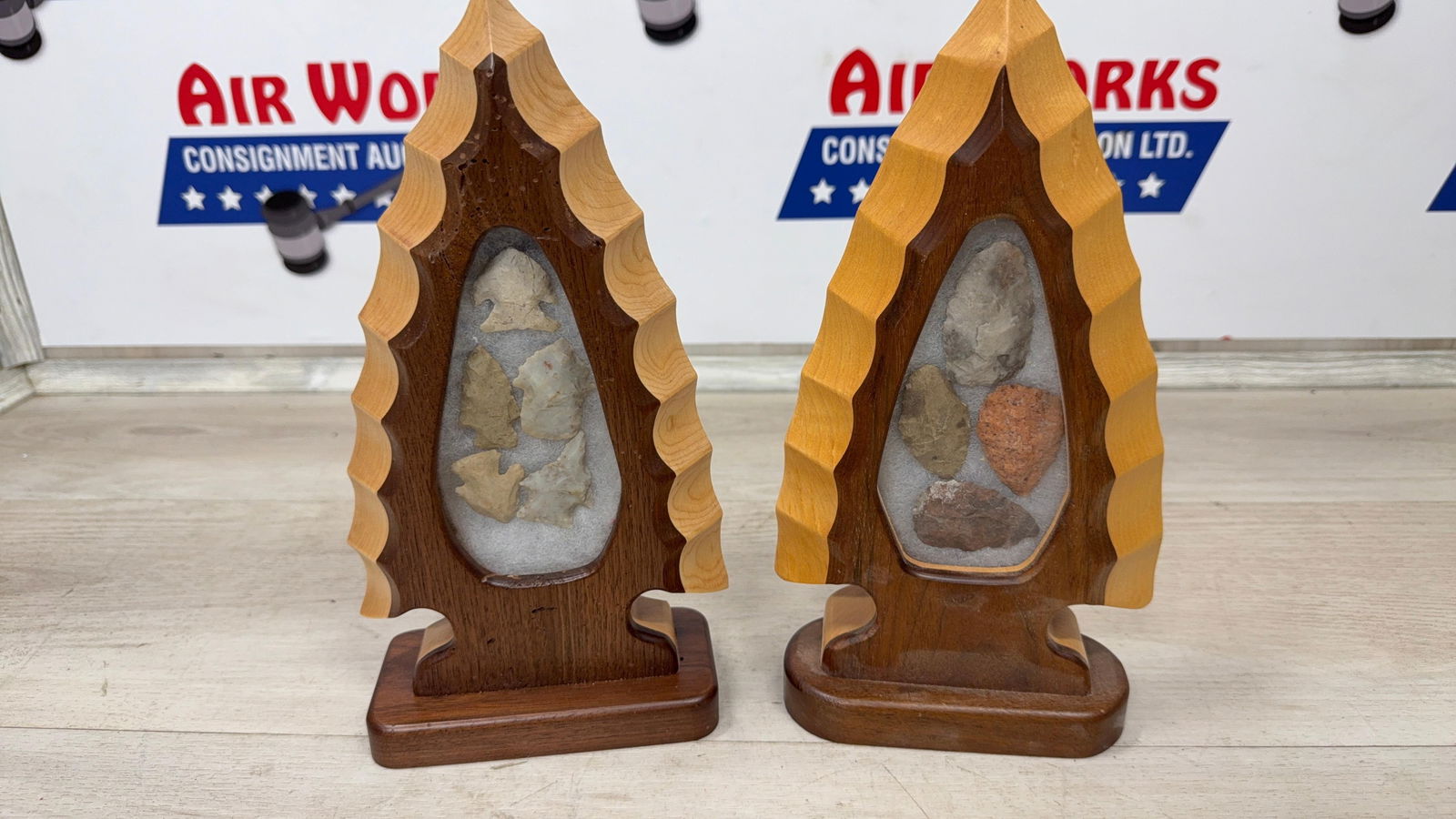 PAIR OF WOOD FRAMED ARTIFACT DISPLAYS W/ASSORTED POINTS: Load-out Pick up for all online purchases for Antiques & collectibles is Monday, Tuesday, Wednesday, February 23rd, 24th, 25th At our shipper's location. We do offer shipping on all items shippable wi