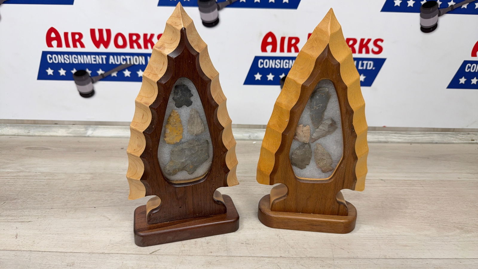 PAIR OF WOOD FRAMED ARTIFACT DISPLAYS W/ASSORTED POINTS: Load-out Pick up for all online purchases for Antiques & collectibles is Monday, Tuesday, Wednesday, February 23rd, 24th, 25th At our shipper's location. We do offer shipping on all items shippable wi