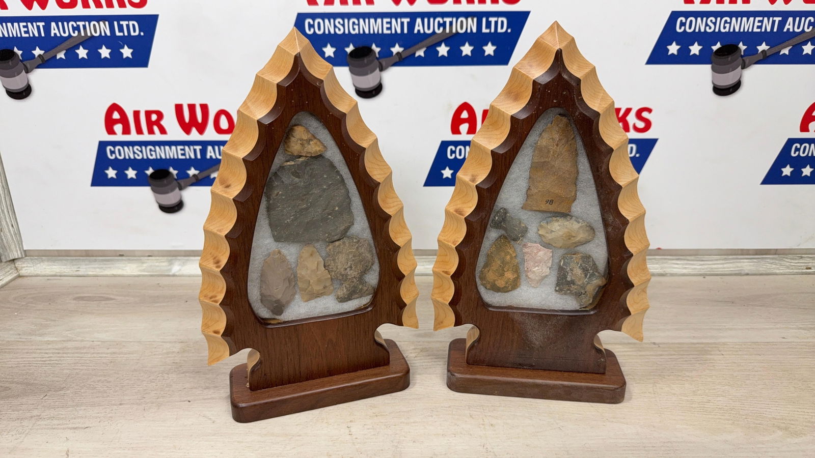 PAIR OF WOOD FRAMED ARTIFACT DISPLAYS W/ASSORTED POINTS: Load-out Pick up for all online purchases for Antiques & collectibles is Monday, Tuesday, Wednesday, February 23rd, 24th, 25th At our shipper's location. We do offer shipping on all items shippable wi