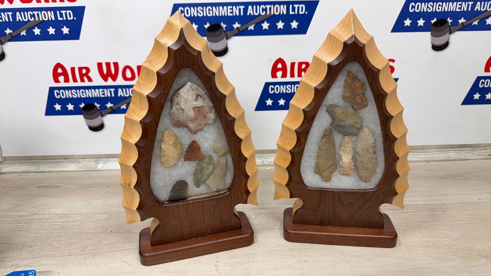 PAIR OF WOOD FRAMED ARTIFACT DISPLAYS W/ASSORTED POINTS: Load-out Pick up for all online purchases for Antiques & collectibles is Monday, Tuesday, Wednesday, February 23rd, 24th, 25th At our shipper's location. We do offer shipping on all items shippable wi