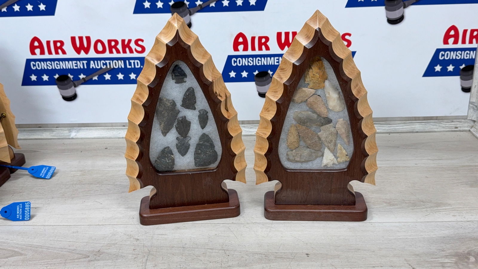 PAIR OF WOOD FRAMED ARTIFACT DISPLAYS W/ASSORTED POINTS: Load-out Pick up for all online purchases for Antiques & collectibles is Monday, Tuesday, Wednesday, February 23rd, 24th, 25th At our shipper's location. We do offer shipping on all items shippable wi
