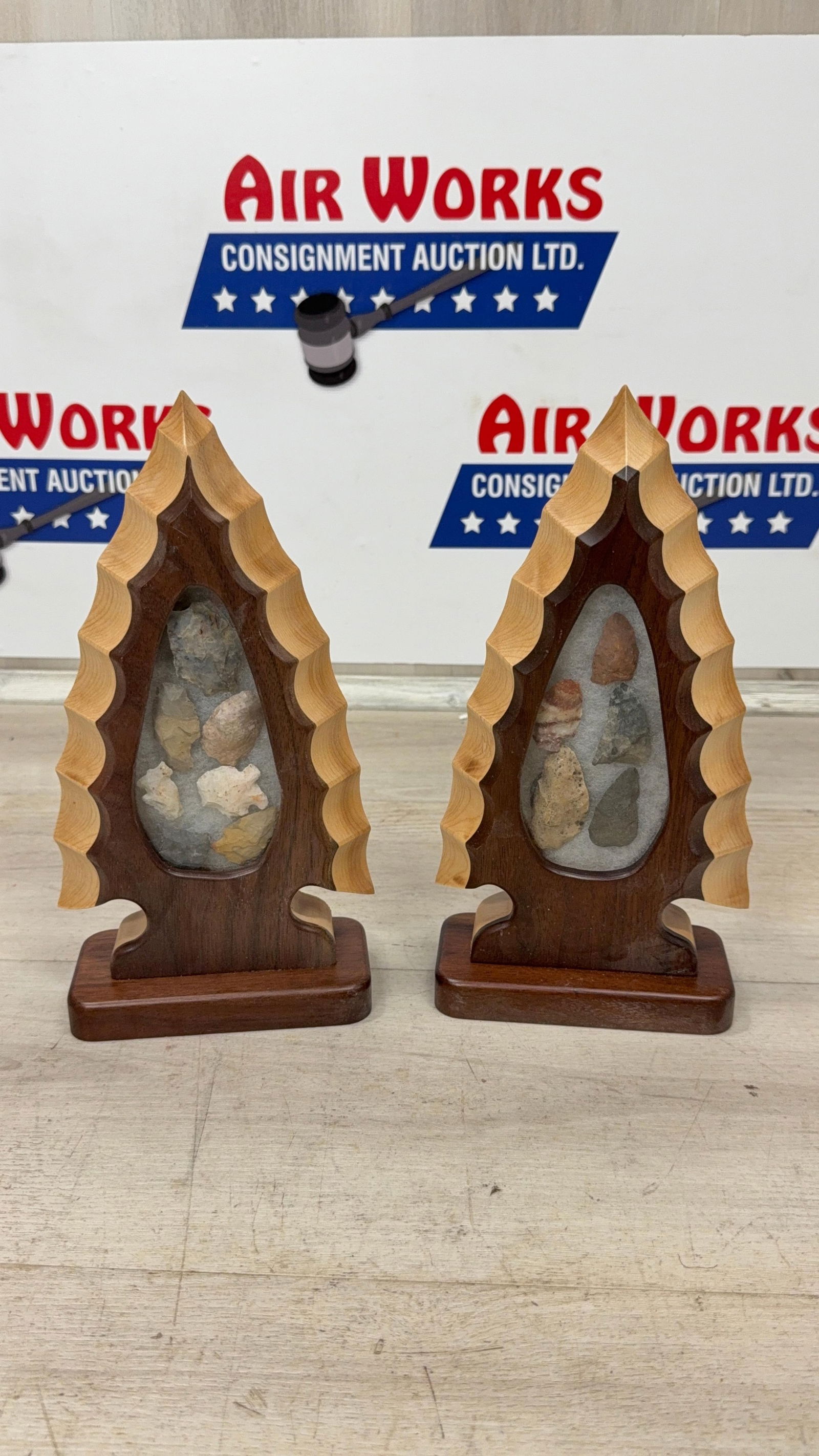 PAIR OF WOOD FRAMED ARTIFACT DISPLAYS W/ASSORTED POINTS: Load-out Pick up for all online purchases for Antiques & collectibles is Monday, Tuesday, Wednesday, February 23rd, 24th, 25th At our shipper's location. We do offer shipping on all items shippable wi