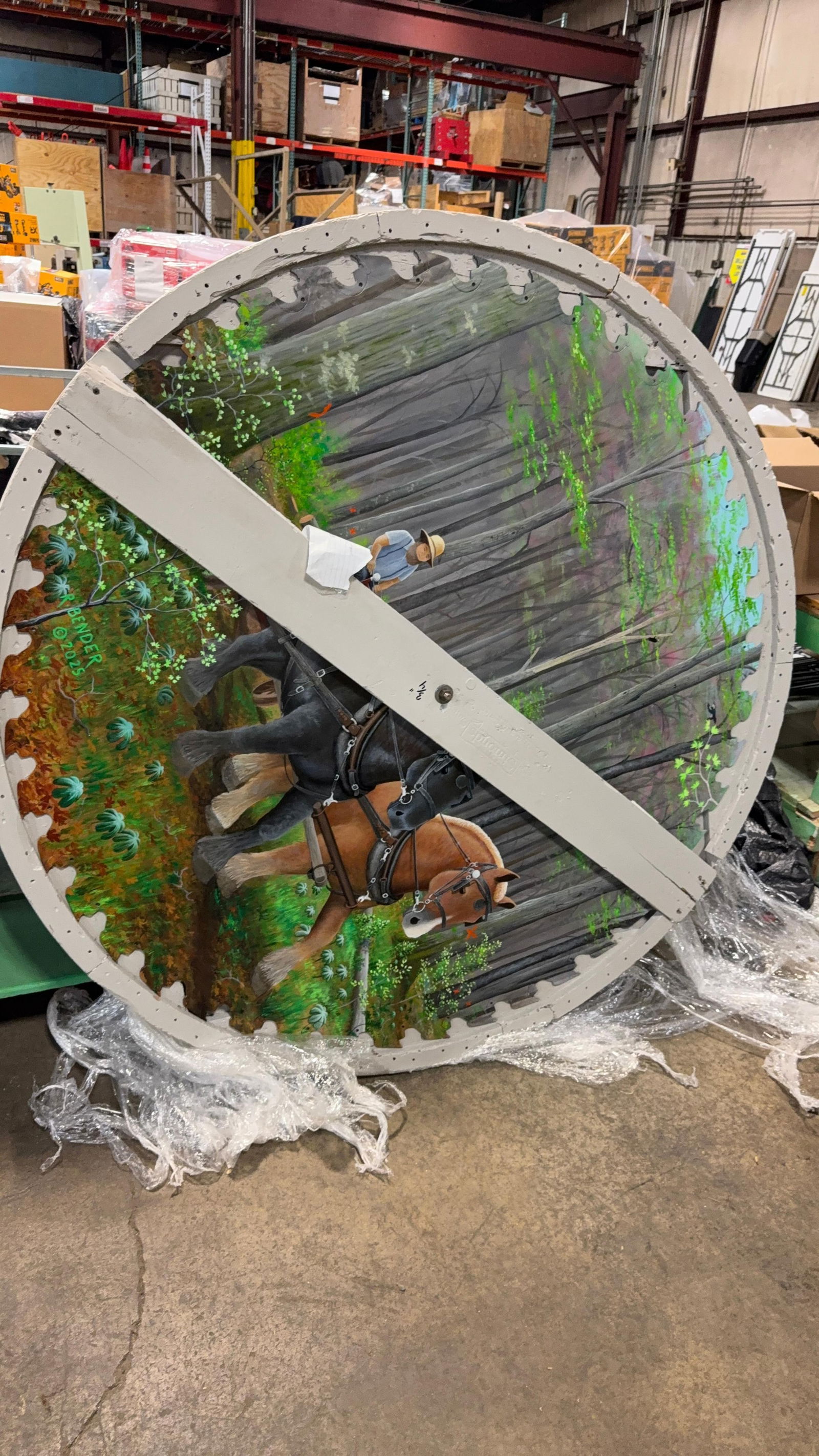 HAND-PAINTED SAWMILL SAWBLADE. SIGNED R. BENDER: Load-out Pick up for all online purchases for Antiques & collectibles is Monday, Tuesday, Wednesday, February 23rd, 24th, 25th At our shipper's location. We do offer shipping on all items shippable wi