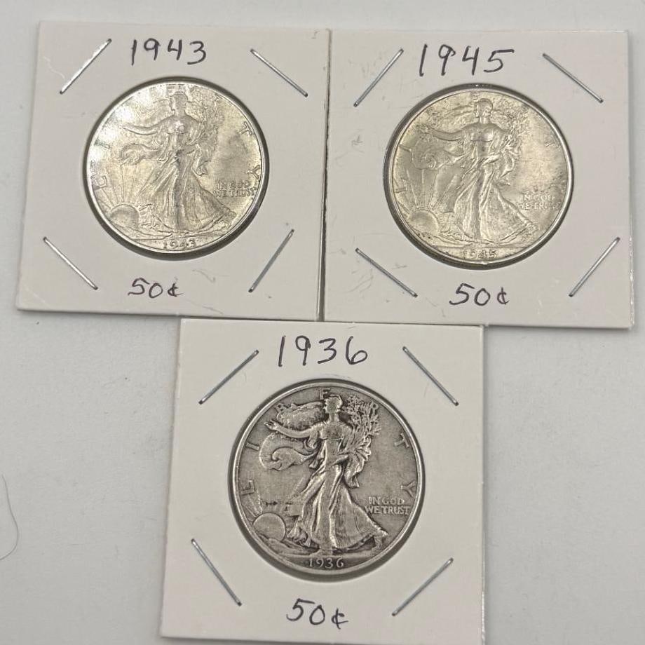 1936, 1943, 1945 Walking Liberty Half Dollar Coins, 90% Silver: IMPORTANT, WE ONLY ACCEPT CREDIT CARDS UP TO $500 FOR ONLINE COIN PURCHASES. YOU CAN PAY ACH THROUGH PROXIBID, OR YOU CAN SEND A WIRE OR CERTIFIED CHECK. WE WILL HOLD ALL SHIPPING OF COINS FOR 10 DAYS