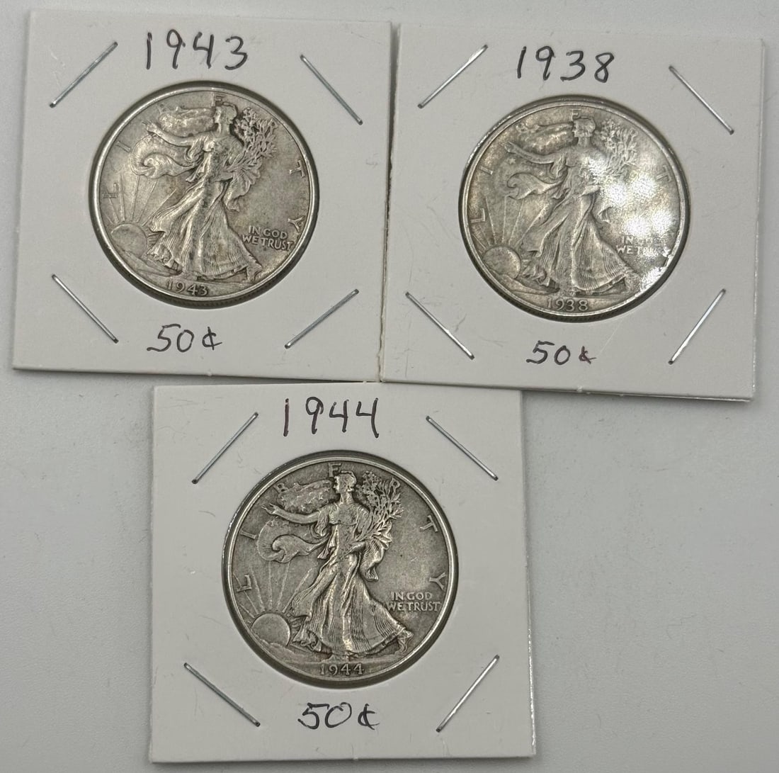1938, 1943, 1944 Walking Liberty Half Dollar Coins, 90% Silver (1 of 8)