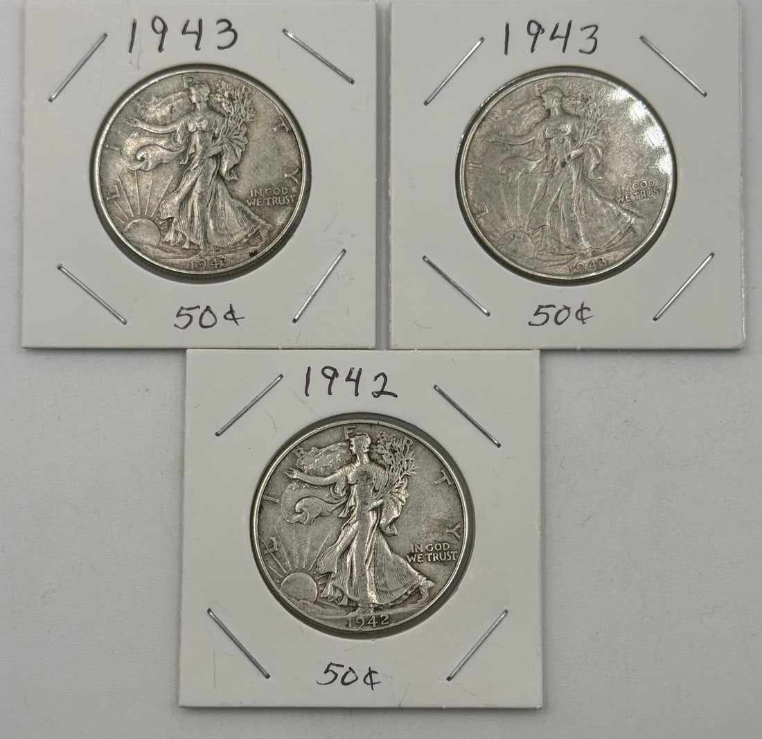 1942 & 2- 1943 Walking Liberty Half Dollar Coins, 90% Silver (1 of 8)