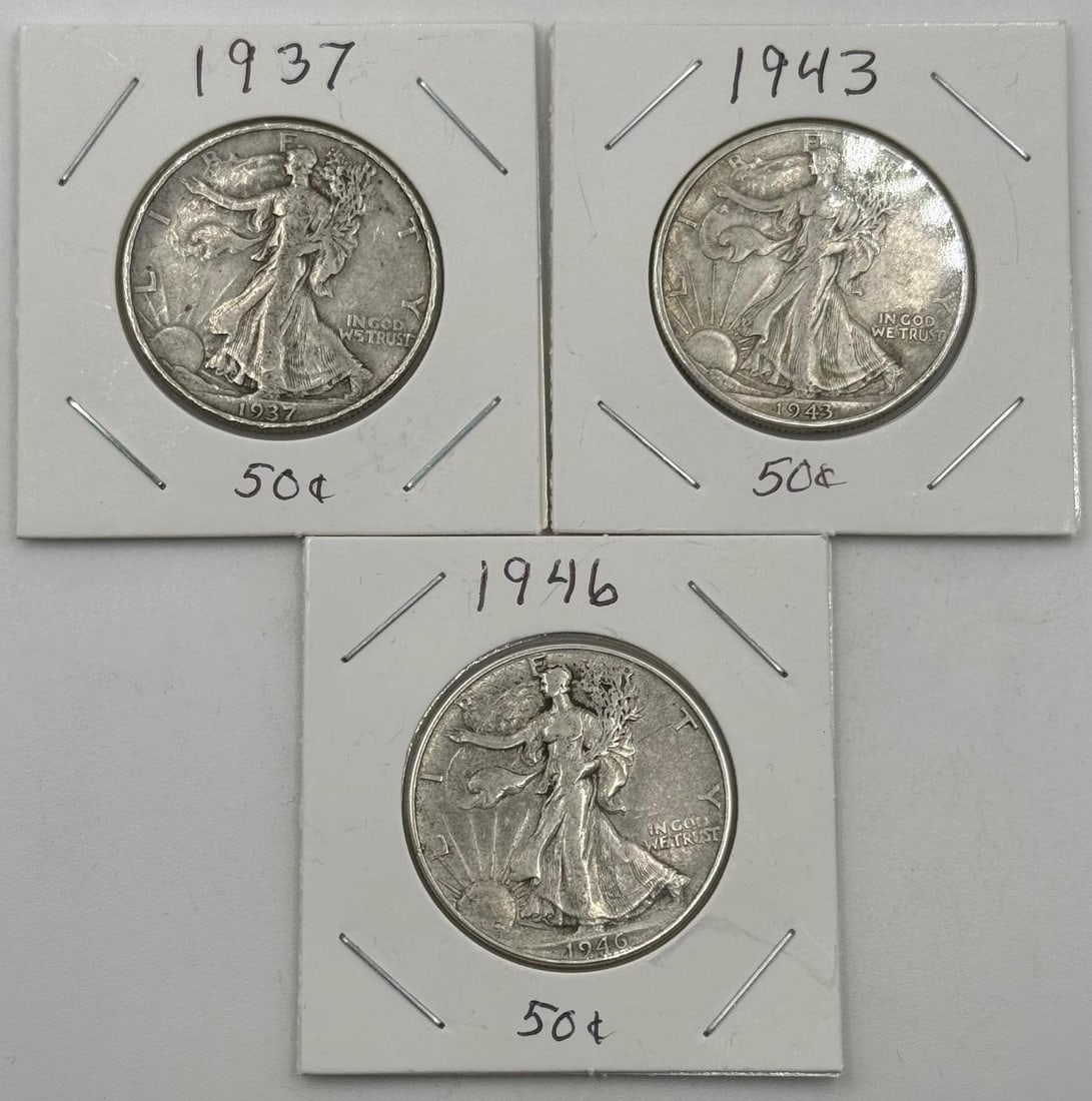 1937, 1943, 1946 Walking Liberty Half Dollar Coins, 90% Silver (1 of 9)