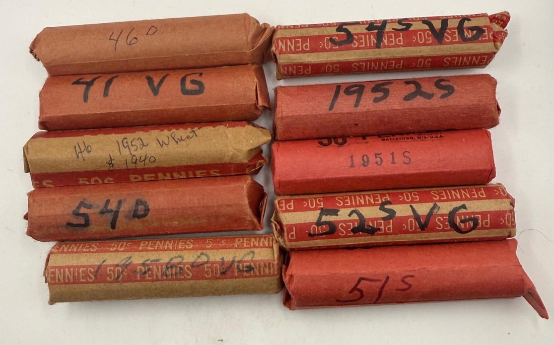 10 rolls of Wheat Cents, see pics for dates: IMPORTANT, WE ONLY ACCEPT CREDIT CARDS UP TO $500 FOR ONLINE COIN PURCHASES. YOU CAN PAY ACH THROUGH PROXIBID, OR YOU CAN SEND A WIRE OR CERTIFIED CHECK. WE WILL HOLD ALL SHIPPING OF COINS FOR 10 DAYS