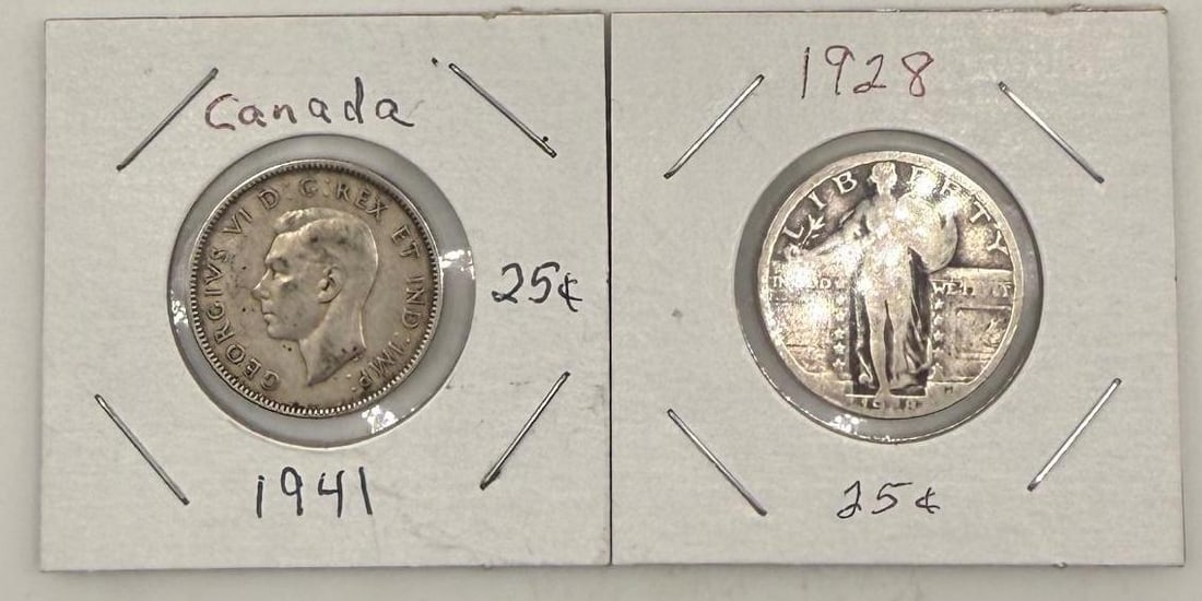 1941 Canadian Quarter 25 & 1928 U.S. Quarter 25, 80 and 90% SILVER (1 of 7)