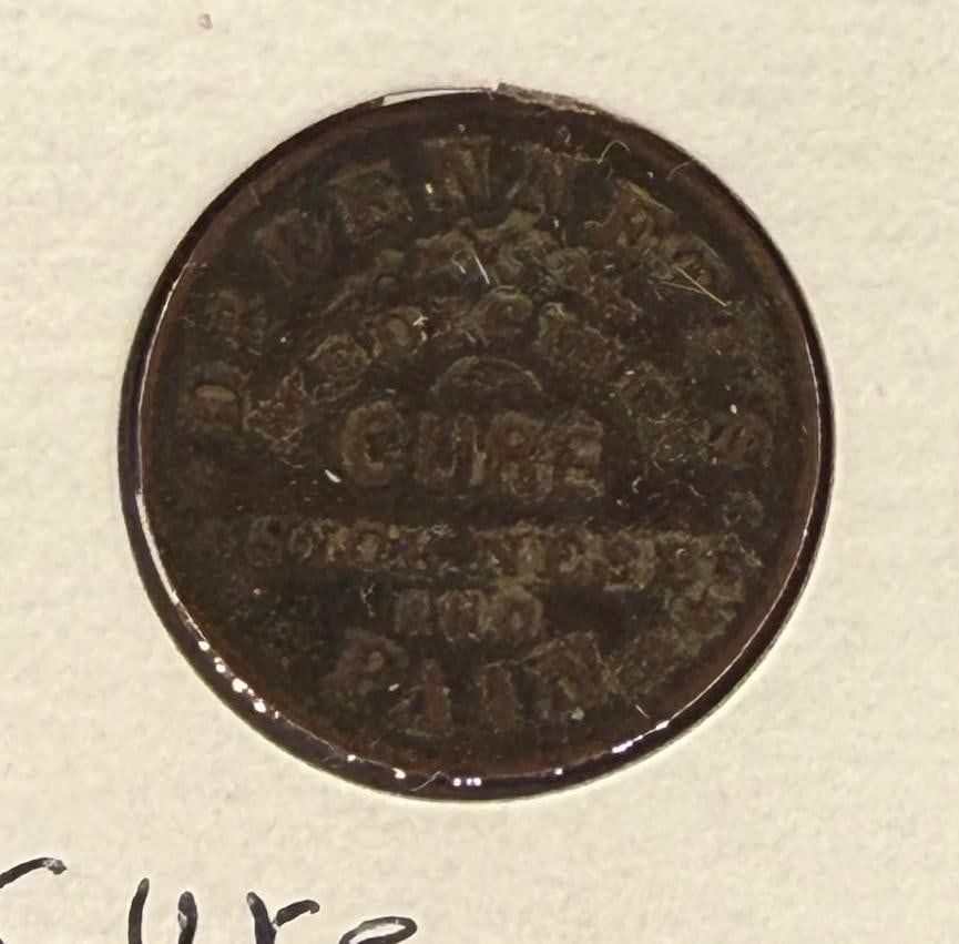 CIVIL WAR TOKEN Dr. Bennett's Medicines Token, Cure Sickness and Pain, 19th Century: IMPORTANT, WE ONLY ACCEPT CREDIT CARDS UP TO $500 FOR ONLINE COIN PURCHASES. YOU CAN PAY ACH THROUGH PROXIBID, OR YOU CAN SEND A WIRE OR CERTIFIED CHECK. WE WILL HOLD ALL SHIPPING OF COINS FOR 10 DAYS
