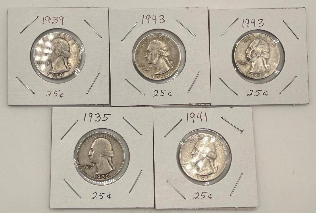 1935-1943 US Washington Silver Quarters, 5 Coins, 90% Silver (1 of 6)