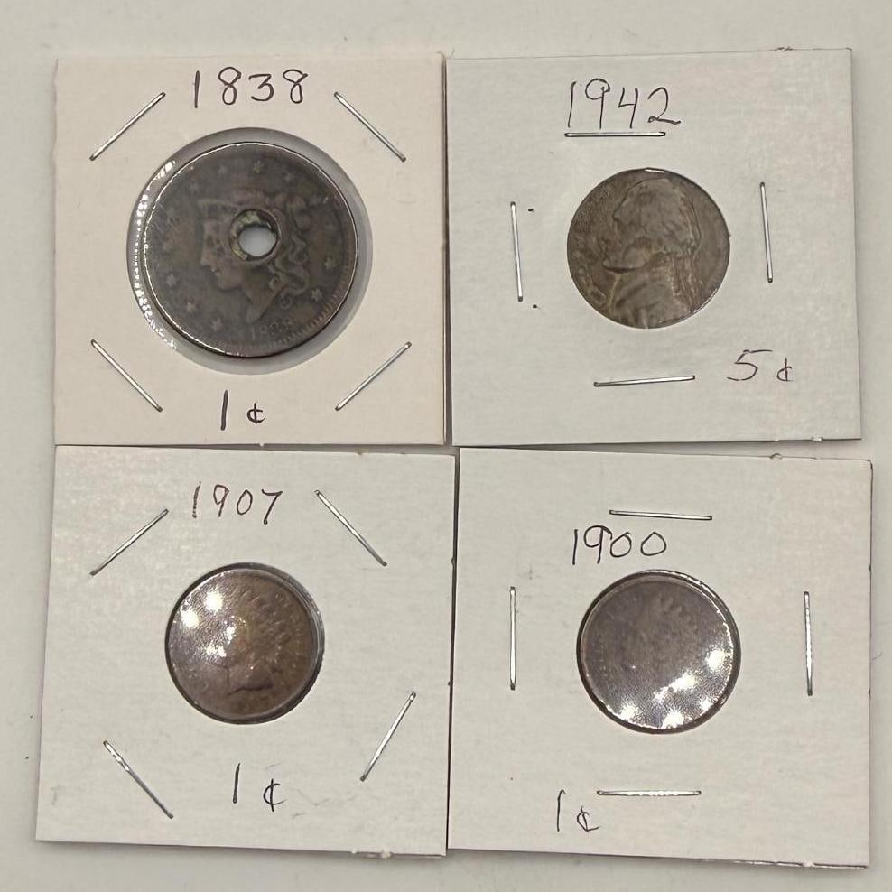1838, 1900, 1907 Indian & Liberty Head Cents, 1942 Jefferson Nickel: IMPORTANT, WE ONLY ACCEPT CREDIT CARDS UP TO $500 FOR ONLINE COIN PURCHASES. YOU CAN PAY ACH THROUGH PROXIBID, OR YOU CAN SEND A WIRE OR CERTIFIED CHECK. WE WILL HOLD ALL SHIPPING OF COINS FOR 10 DAYS