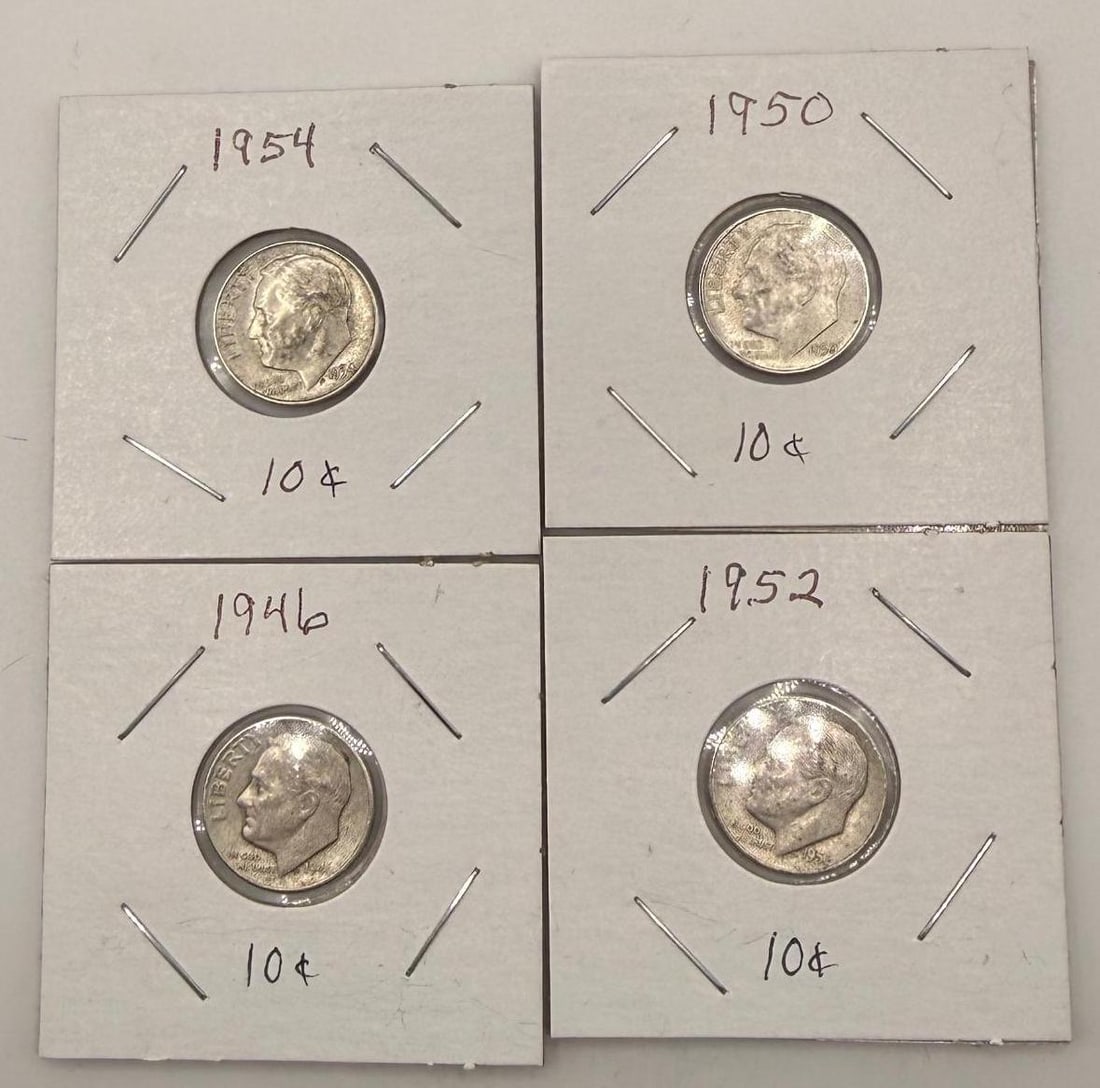 1954, 1952, 1950, 1946 U.S. Roosevelt Dimes, Silver Composition: IMPORTANT, WE ONLY ACCEPT CREDIT CARDS UP TO $500 FOR ONLINE COIN PURCHASES. YOU CAN PAY ACH THROUGH PROXIBID, OR YOU CAN SEND A WIRE OR CERTIFIED CHECK. WE WILL HOLD ALL SHIPPING OF COINS FOR 10 DAYS