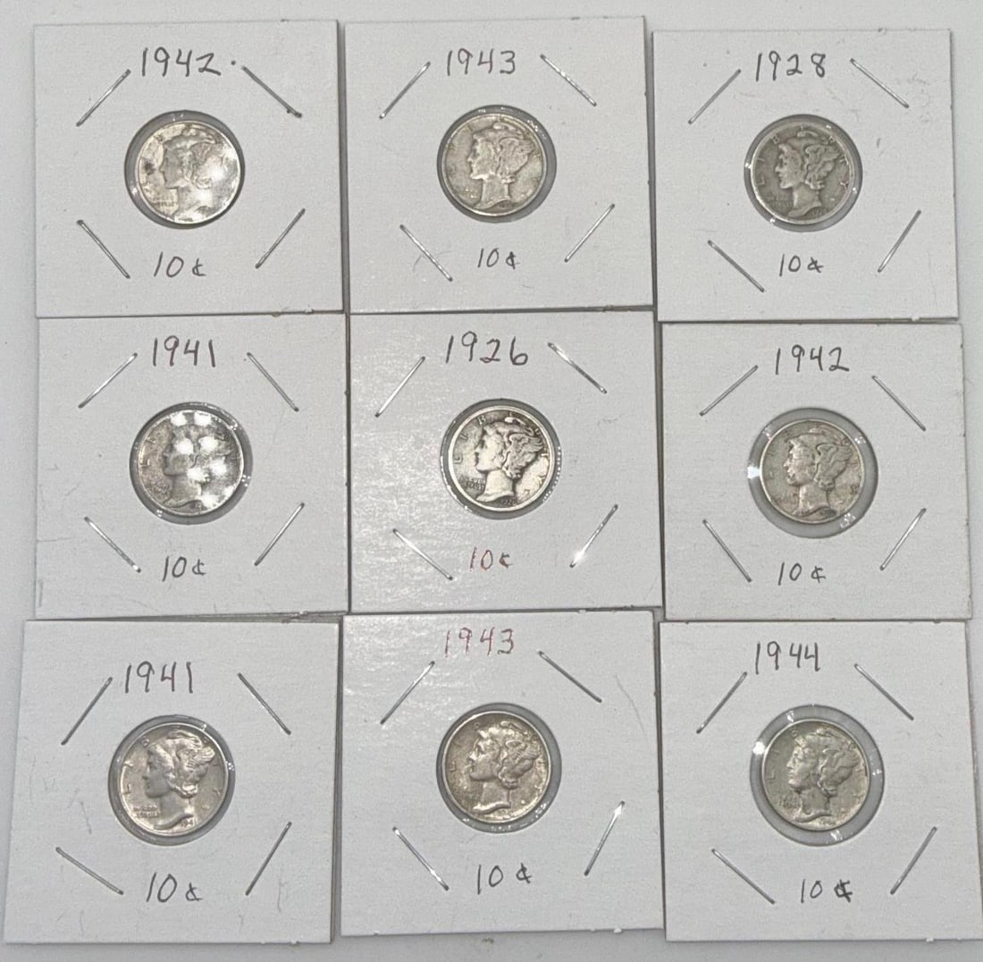 Mercury Dime Collection, U.S. Mint, 90% Silver, 1926, 1928, 1941-1944: IMPORTANT, WE ONLY ACCEPT CREDIT CARDS UP TO $500 FOR ONLINE COIN PURCHASES. YOU CAN PAY ACH THROUGH PROXIBID, OR YOU CAN SEND A WIRE OR CERTIFIED CHECK. WE WILL HOLD ALL SHIPPING OF COINS FOR 10 DAYS
