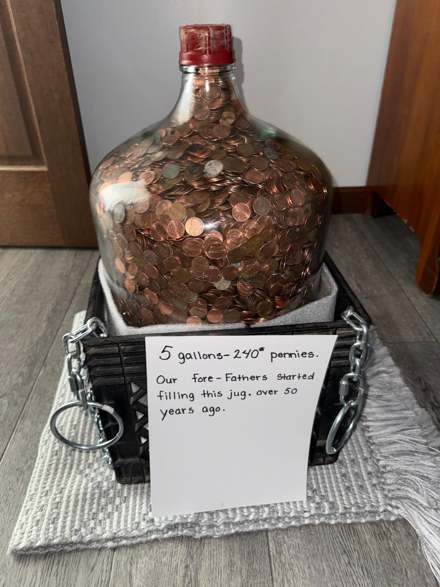 240 POUNDS of CENTS in 5-gallon Jug, the family has been filling this jug for over 50 years: IMPORTANT, WE ONLY ACCEPT CREDIT CARDS UP TO $500 FOR ONLINE COIN PURCHASES. YOU CAN PAY ACH THROUGH PROXIBID, OR YOU CAN SEND A WIRE OR CERTIFIED CHECK. WE WILL HOLD ALL SHIPPING OF COINS FOR 10 DAYS