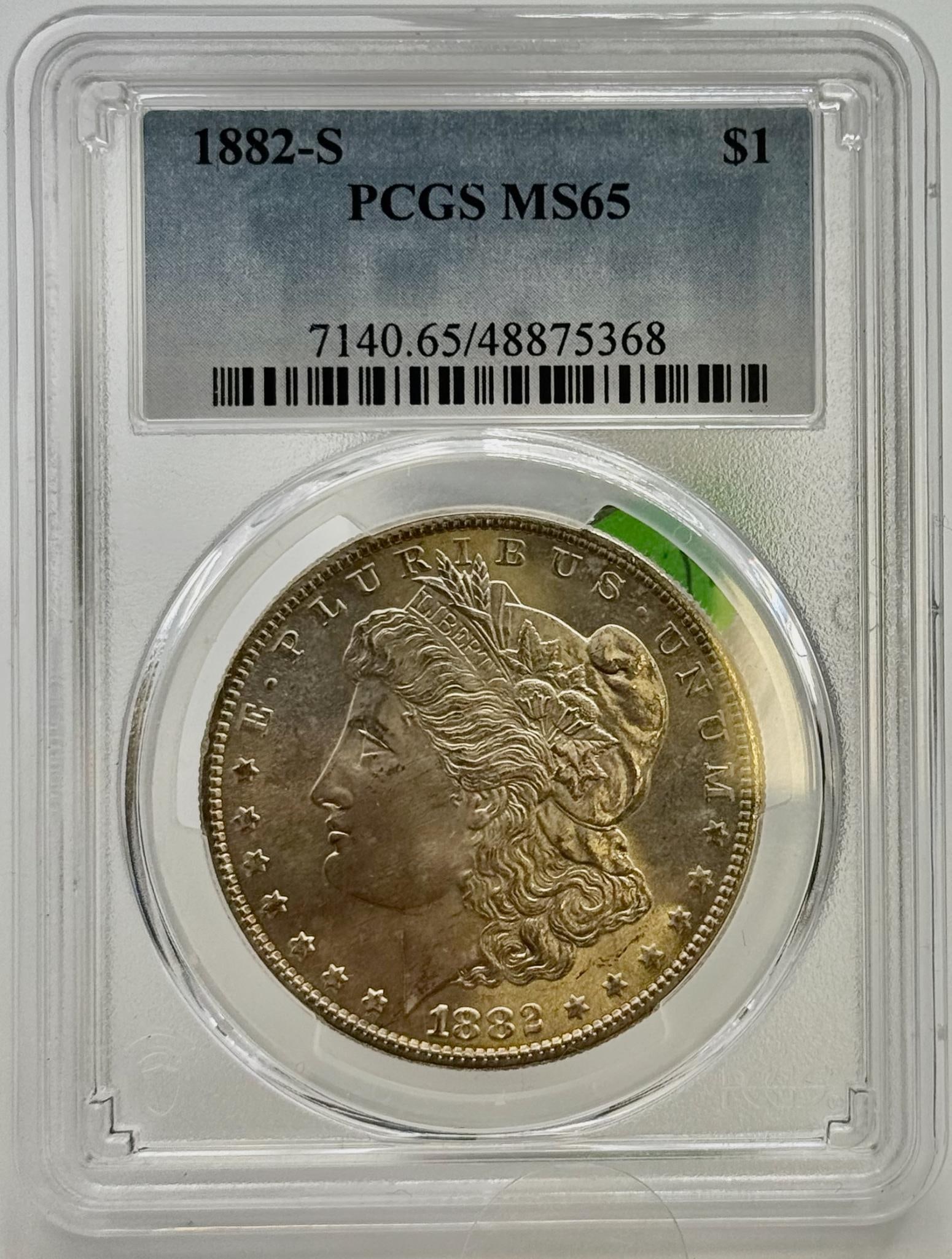 1882-S Morgan Silver Dollar, MS65, PCGS, Certification No. 7140.65/48875368: IMPORTANT, WE ONLY ACCEPT CREDIT CARDS UP TO $500 FOR ONLINE COIN PURCHASES. YOU CAN PAY ACH THROUGH PROXIBID, OR YOU CAN SEND A WIRE OR CERTIFIED CHECK. WE WILL HOLD ALL SHIPPING OF COINS FOR 10 DAYS