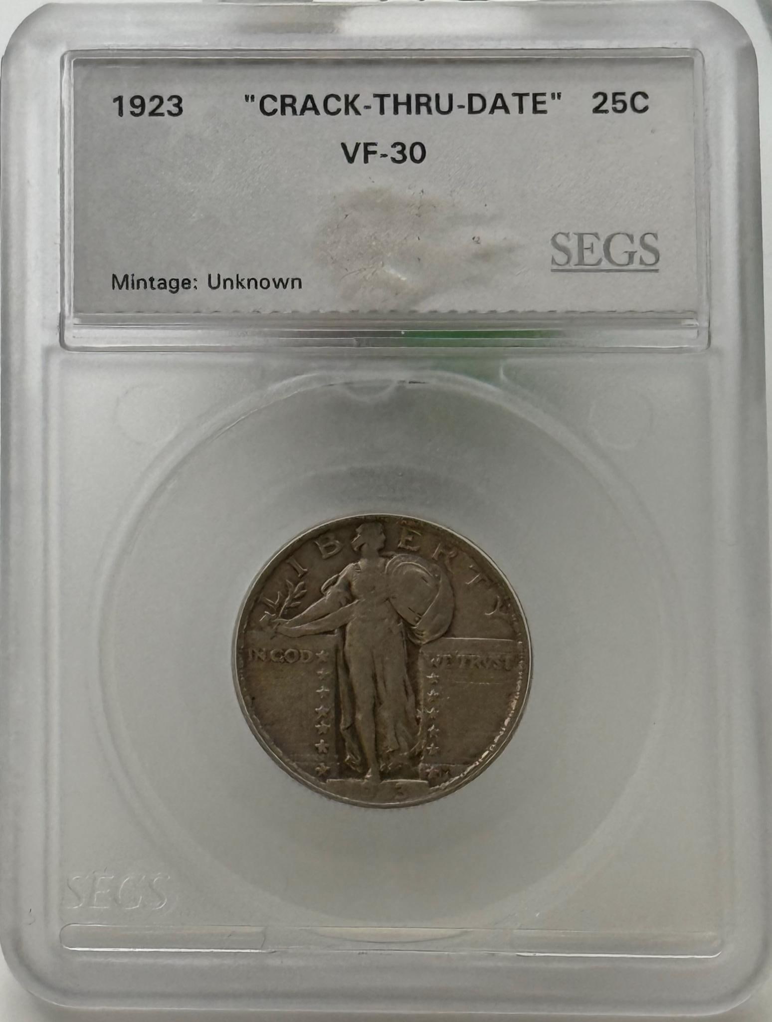 1923 Standing Liberty Quarter, SEGS Graded VF-30, "Crack-Thru-Date": IMPORTANT, WE ONLY ACCEPT CREDIT CARDS UP TO $500 FOR ONLINE COIN PURCHASES. YOU CAN PAY ACH THROUGH PROXIBID, OR YOU CAN SEND A WIRE OR CERTIFIED CHECK. WE WILL HOLD ALL SHIPPING OF COINS FOR 10 DAYS