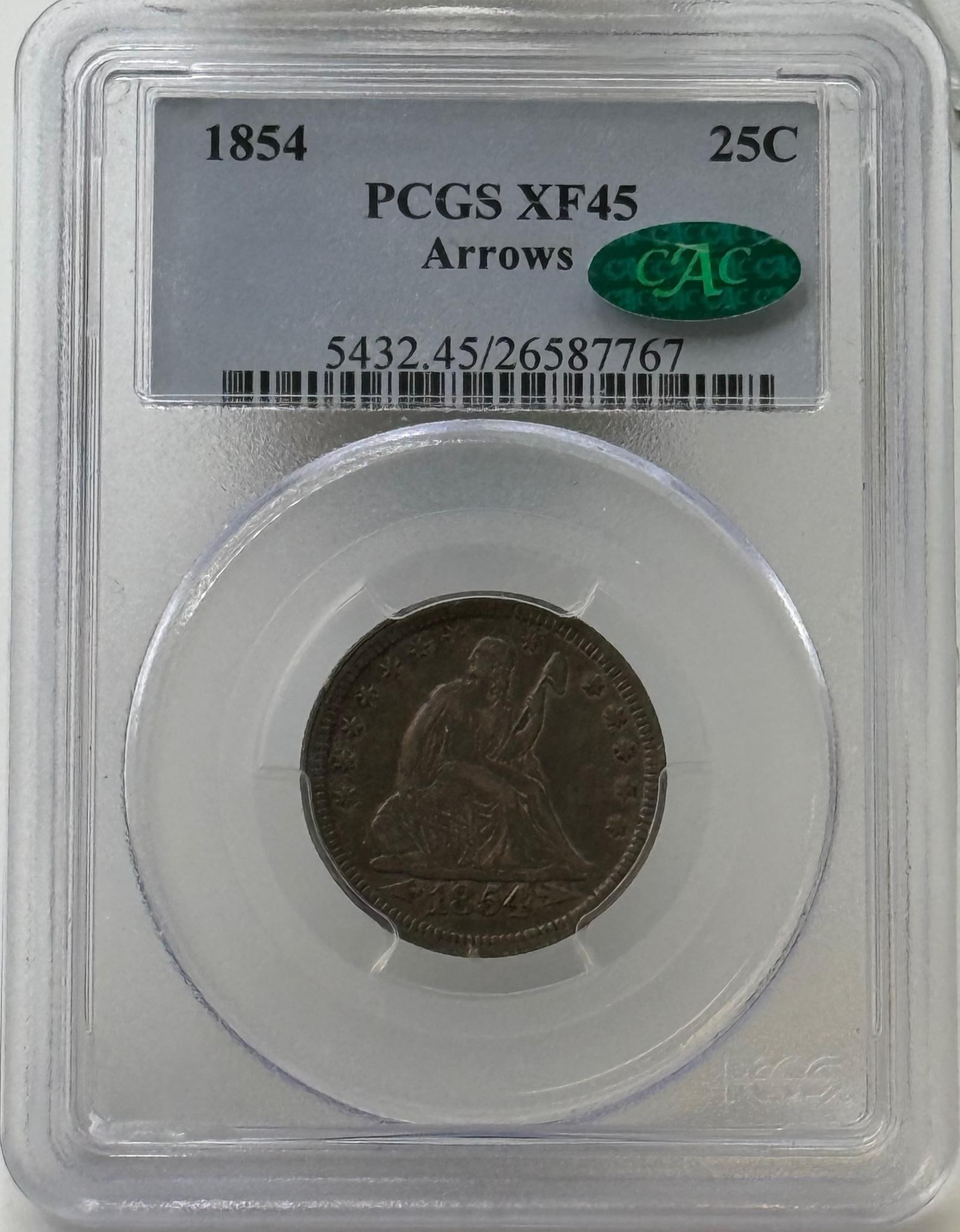 1854 Seated Liberty Quarter, PCGS XF45, 25C, Arrows, CAC Sticker: IMPORTANT, WE ONLY ACCEPT CREDIT CARDS UP TO $500 FOR ONLINE COIN PURCHASES. YOU CAN PAY ACH THROUGH PROXIBID, OR YOU CAN SEND A WIRE OR CERTIFIED CHECK. WE WILL HOLD ALL SHIPPING OF COINS FOR 10 DAYS