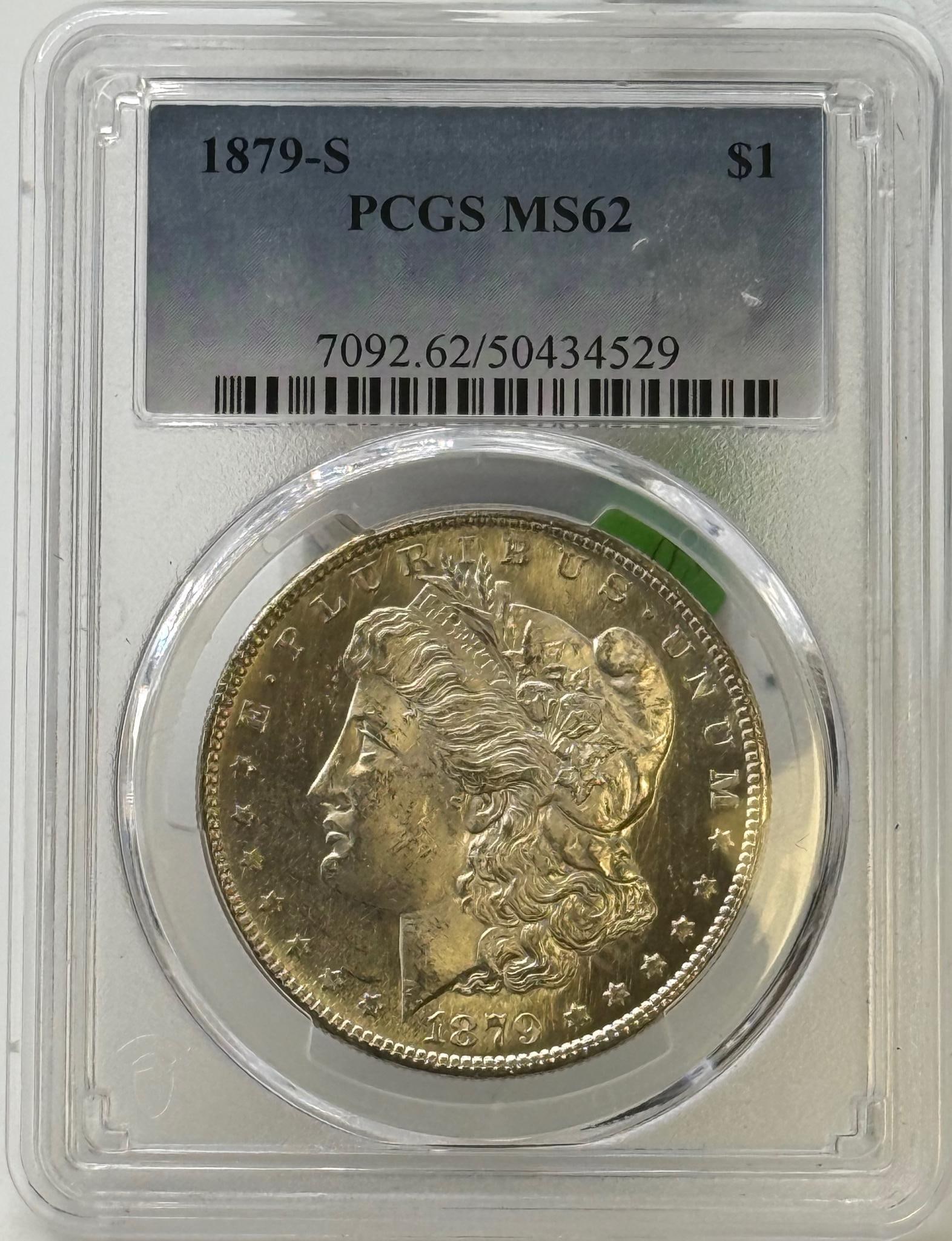 1879-S Morgan Dollar Coin, PCGS MS62, Serial: 7092.62/50434529: IMPORTANT, WE ONLY ACCEPT CREDIT CARDS UP TO $500 FOR ONLINE COIN PURCHASES. YOU CAN PAY ACH THROUGH PROXIBID, OR YOU CAN SEND A WIRE OR CERTIFIED CHECK. WE WILL HOLD ALL SHIPPING OF COINS FOR 10 DAYS