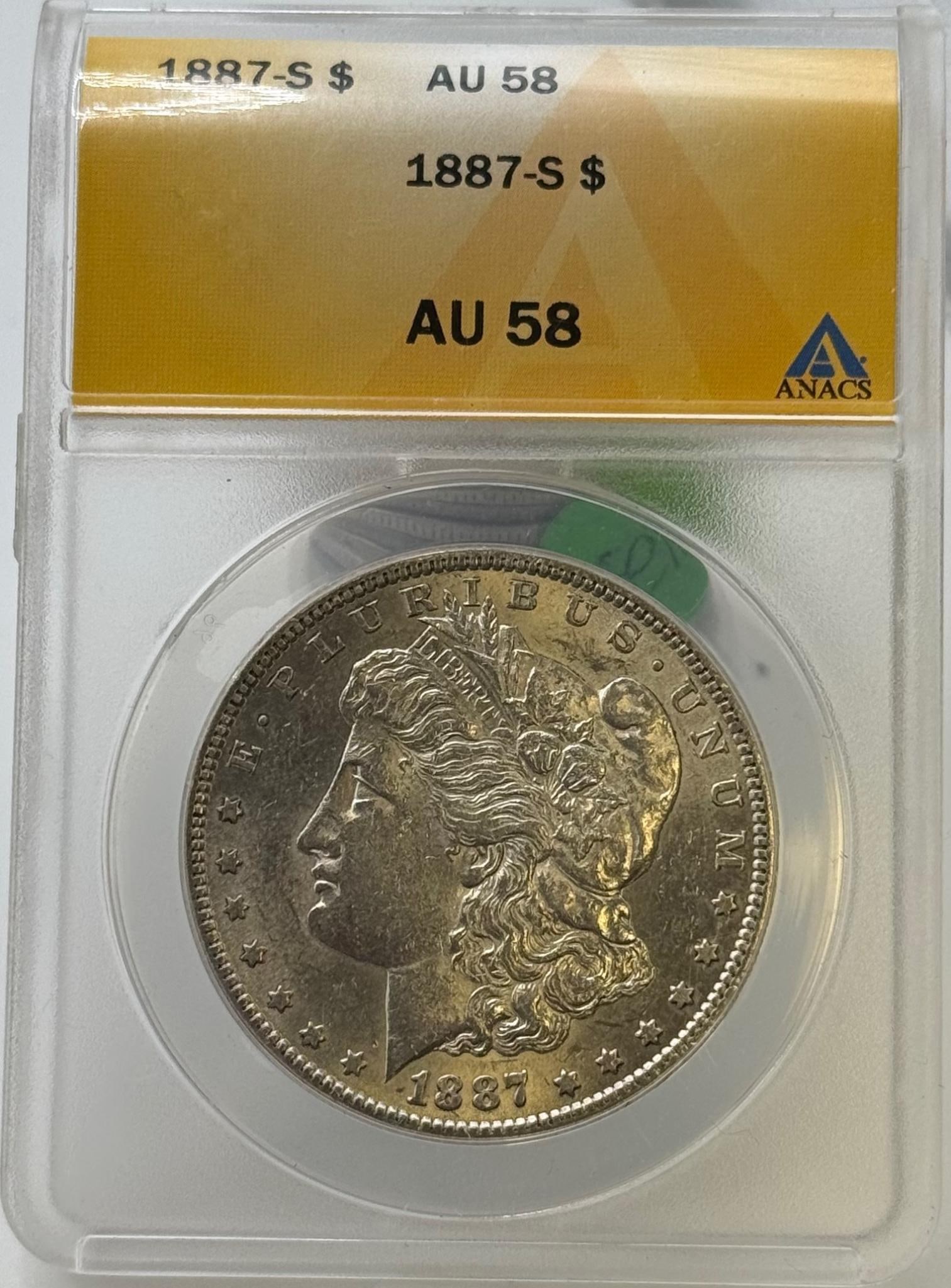 1887-S Morgan Dollar, ANACS AU 58, Serial: 4310844: IMPORTANT, WE ONLY ACCEPT CREDIT CARDS UP TO $500 FOR ONLINE COIN PURCHASES. YOU CAN PAY ACH THROUGH PROXIBID, OR YOU CAN SEND A WIRE OR CERTIFIED CHECK. WE WILL HOLD ALL SHIPPING OF COINS FOR 10 DAYS