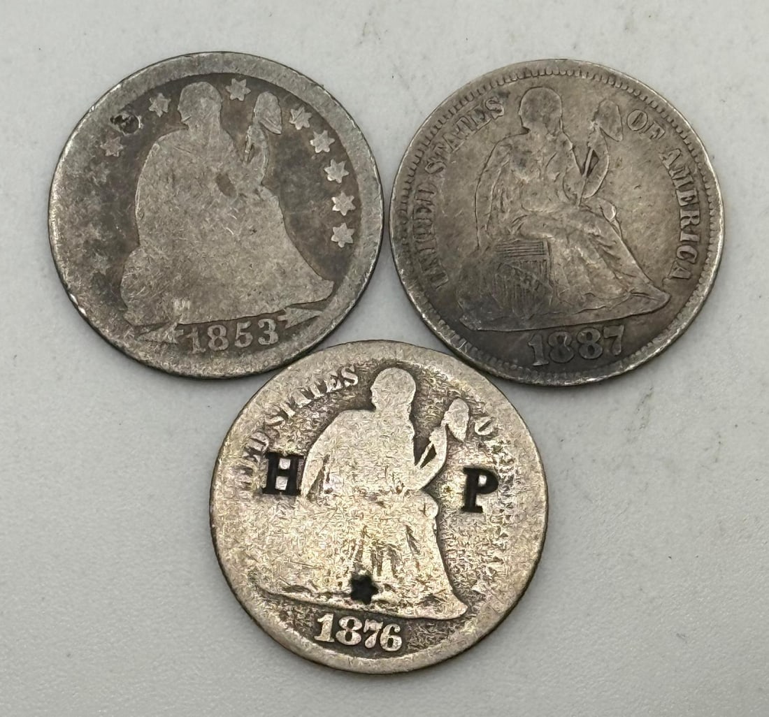 3- Seated Liberty Dimes, 1853, 1876-S, and 1887 (1 of 2)