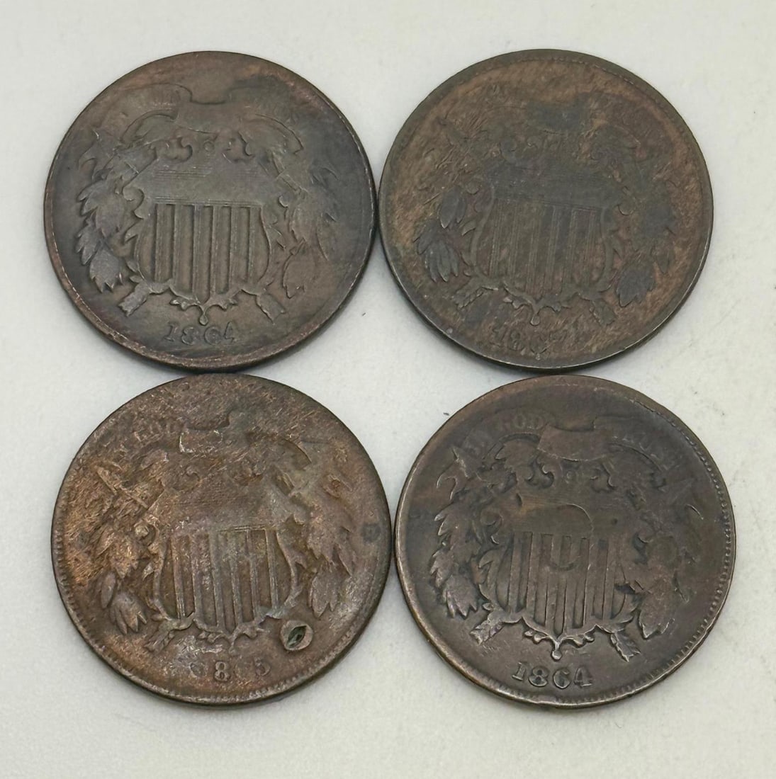 4- Two Cent Coins, (2) 1864, 1865, and 1867 (1 of 4)