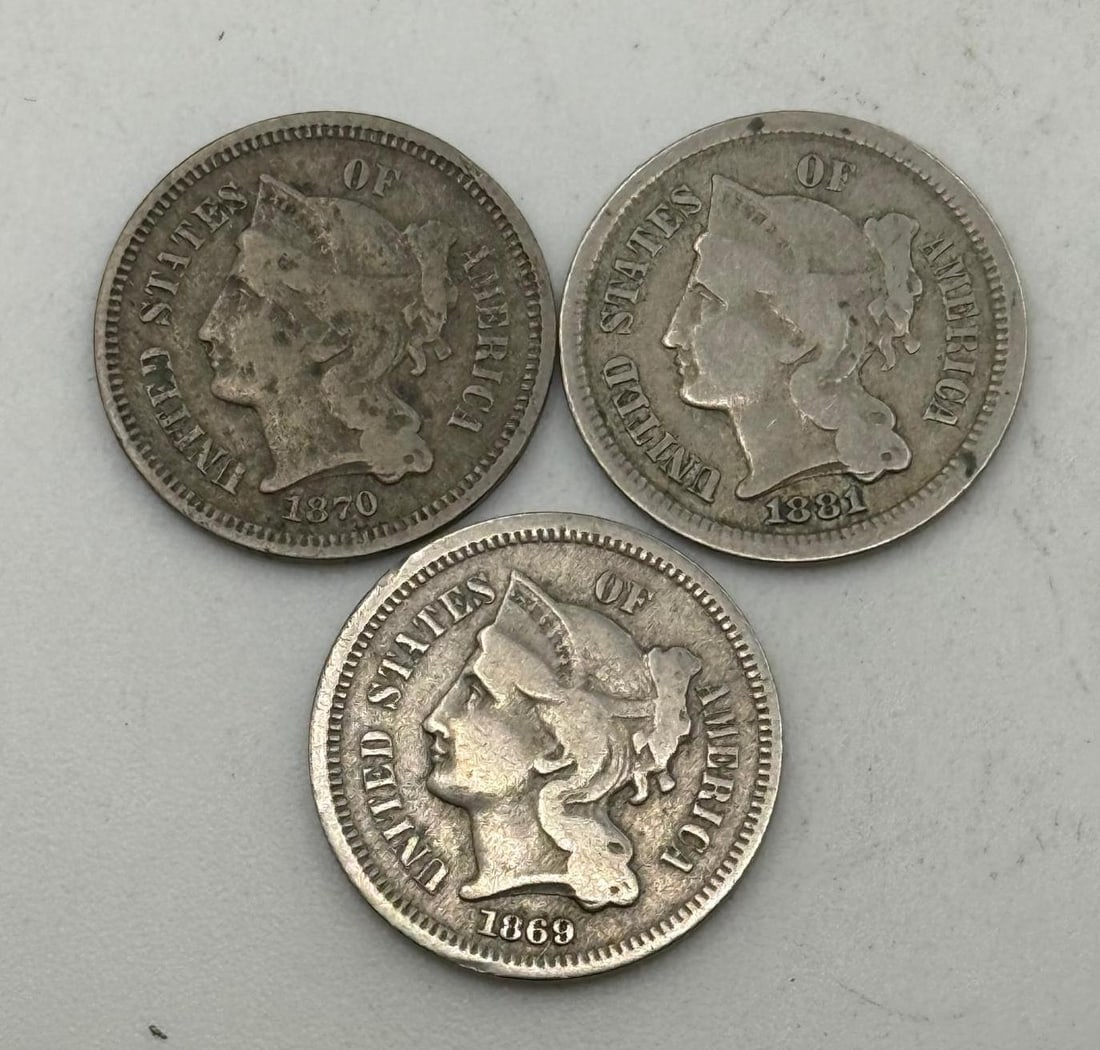 1869, 1870, 1881 3 Cent Nickel coins (1 of 3)