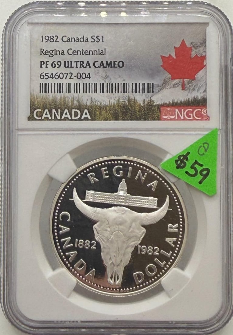 1982 Canada Regina Centennial $1 Coin, PF 69 Ultra Cameo, NGC Certified: IMPORTANT, WE ONLY ACCEPT CREDIT CARDS UP TO $500 FOR ONLINE COIN PURCHASES. YOU CAN PAY ACH THROUGH PROXIBID, OR YOU CAN SEND A WIRE OR CERTIFIED CHECK. WE WILL HOLD ALL SHIPPING OF COINS FOR 10 DAYS