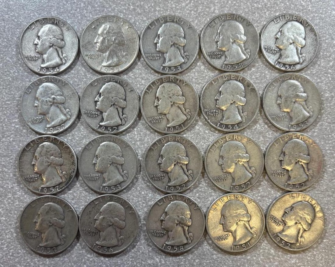 20- 90% silver Washington Quarters, various dates (1 of 10)
