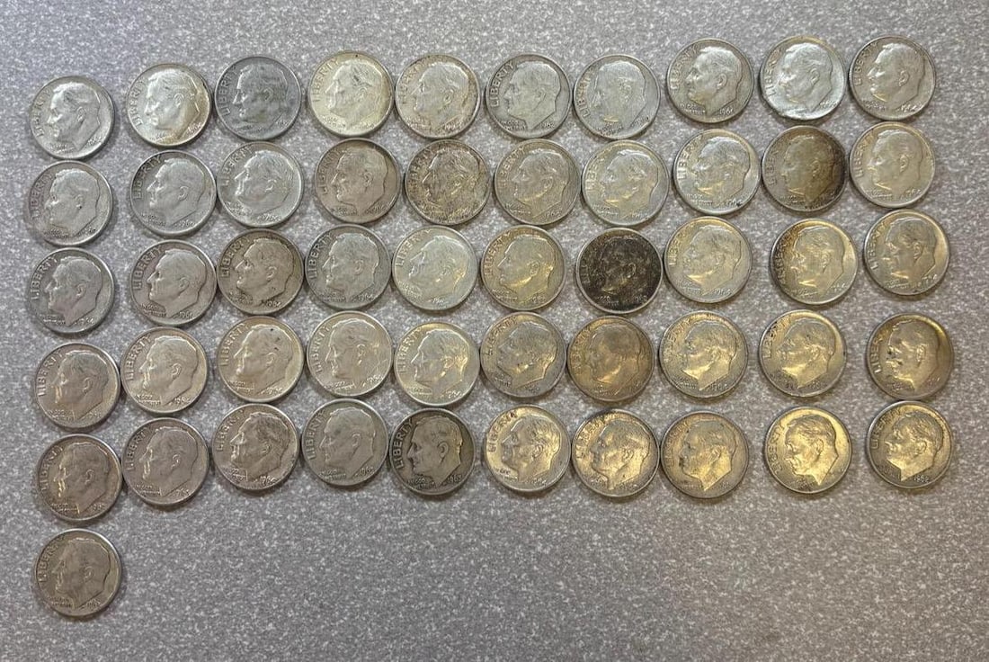 51- 1960's 90% Roosevelt Dimes, various dates: IMPORTANT, WE ONLY ACCEPT CREDIT CARDS UP TO $500 FOR ONLINE COIN PURCHASES. YOU CAN PAY ACH THROUGH PROXIBID, OR YOU CAN SEND A WIRE OR CERTIFIED CHECK. WE WILL HOLD ALL SHIPPING OF COINS FOR 10 DAYS