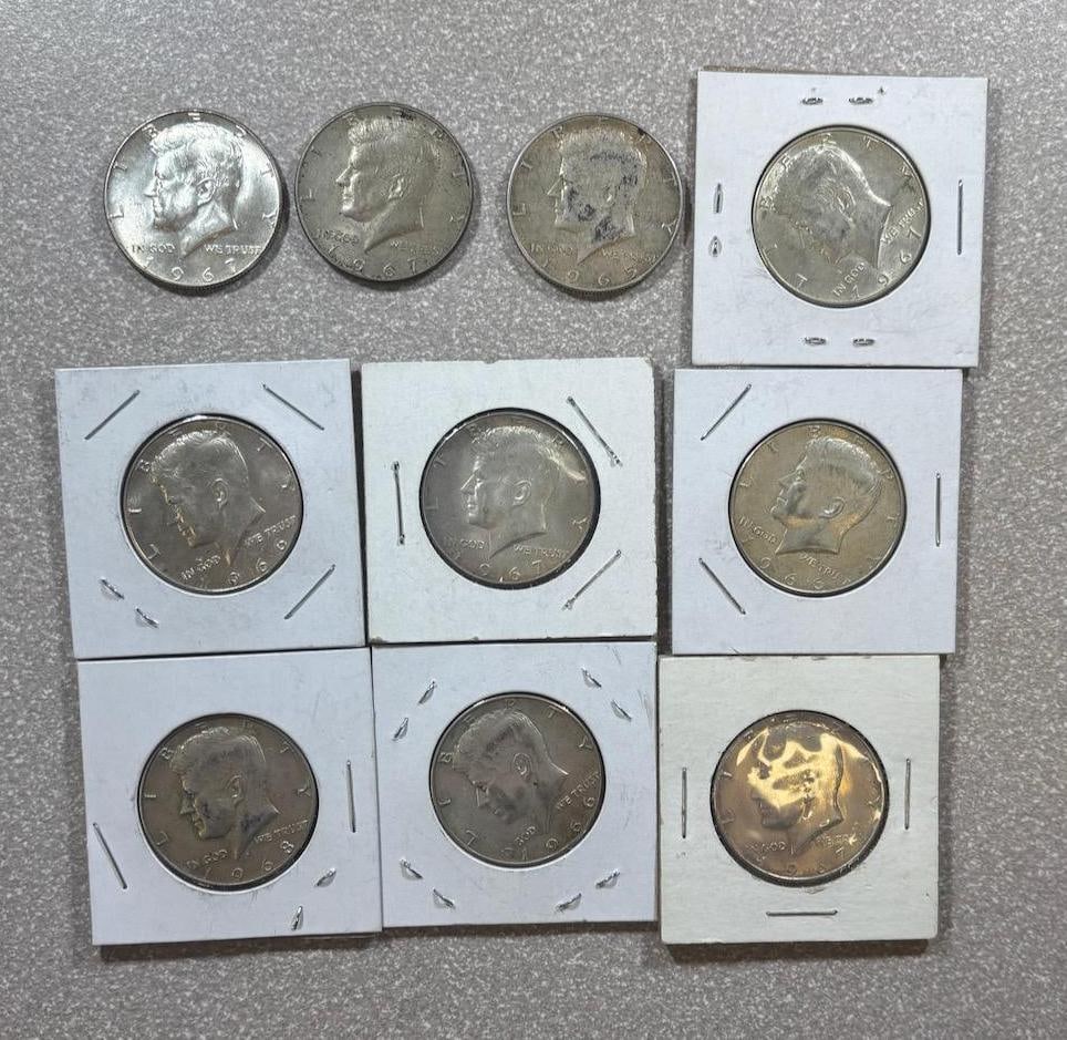 Kennedy Half Dollars 1965-1969, 40% Silver, 10 Coins: IMPORTANT, WE ONLY ACCEPT CREDIT CARDS UP TO $500 FOR ONLINE COIN PURCHASES. YOU CAN PAY ACH THROUGH PROXIBID, OR YOU CAN SEND A WIRE OR CERTIFIED CHECK. WE WILL HOLD ALL SHIPPING OF COINS FOR 10 DAYS