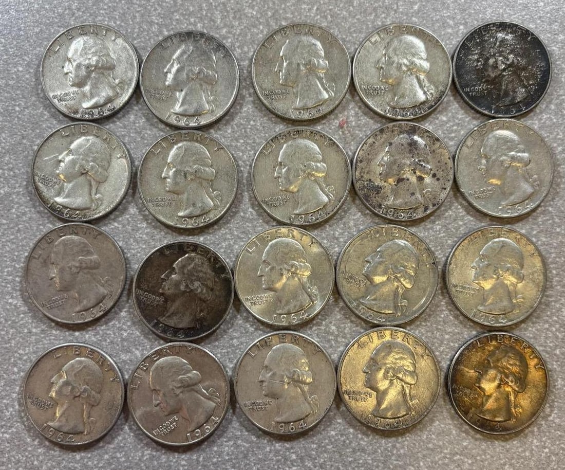 20- 1964 U.S. Washington Silver Quarters, 90% Silver Composition: IMPORTANT, WE ONLY ACCEPT CREDIT CARDS UP TO $500 FOR ONLINE COIN PURCHASES. YOU CAN PAY ACH THROUGH PROXIBID, OR YOU CAN SEND A WIRE OR CERTIFIED CHECK. WE WILL HOLD ALL SHIPPING OF COINS FOR 10 DAYS