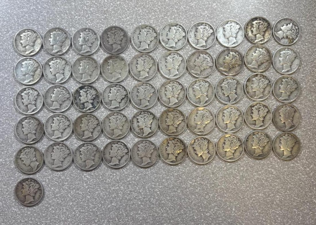 51- 90% Silver Mercury Dimes, various dates: IMPORTANT, WE ONLY ACCEPT CREDIT CARDS UP TO $500 FOR ONLINE COIN PURCHASES. YOU CAN PAY ACH THROUGH PROXIBID, OR YOU CAN SEND A WIRE OR CERTIFIED CHECK. WE WILL HOLD ALL SHIPPING OF COINS FOR 10 DAYS
