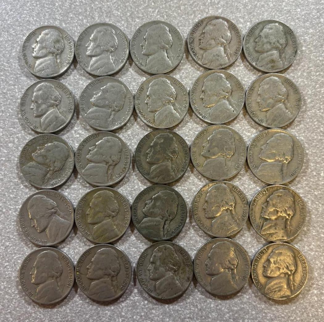 25 Jefferson Nickels, 3 are 35% silver (1 of 10)