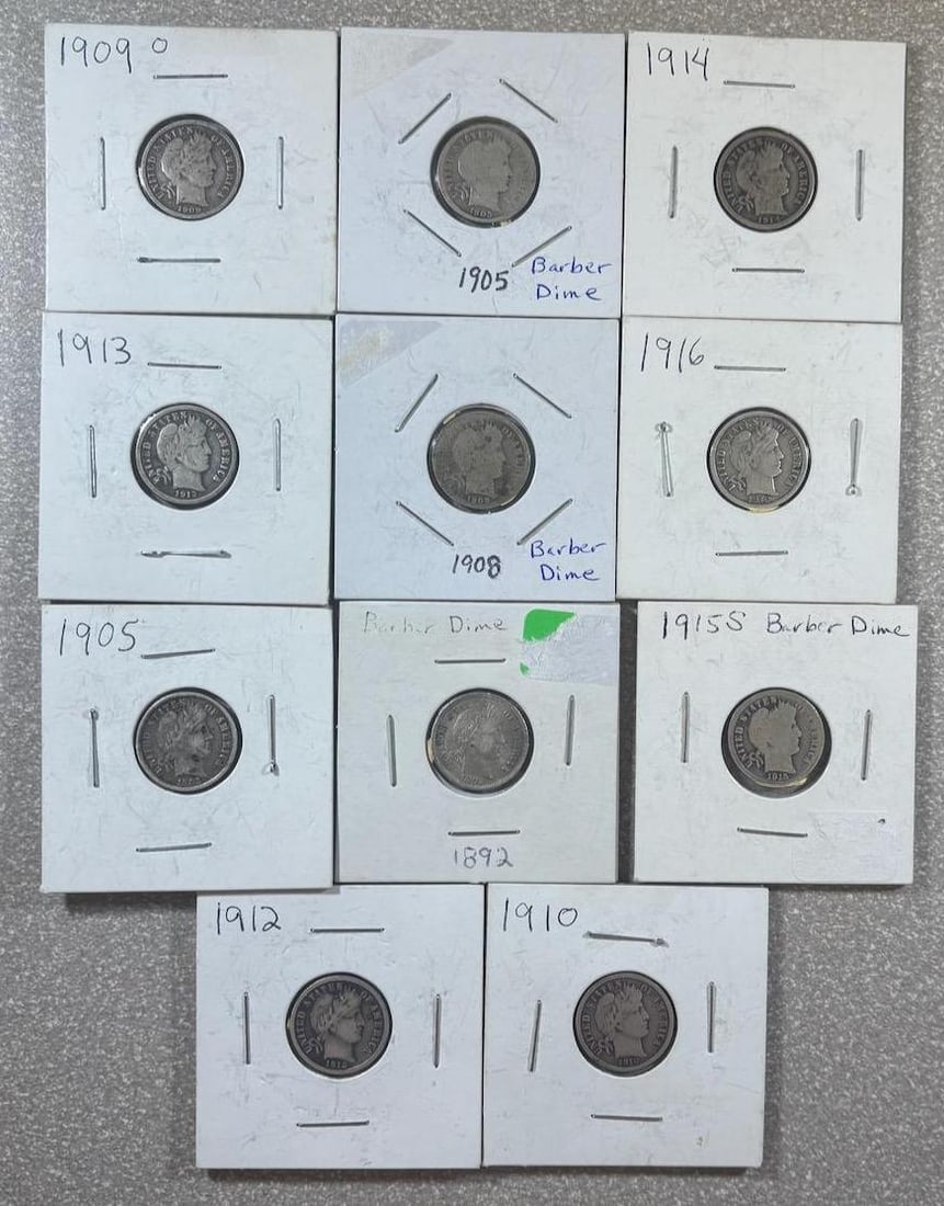 Barber Dime Collection, U.S. Mint, 1892-1916, Silver, Various dates and Conditions: IMPORTANT, WE ONLY ACCEPT CREDIT CARDS UP TO $500 FOR ONLINE COIN PURCHASES. YOU CAN PAY ACH THROUGH PROXIBID, OR YOU CAN SEND A WIRE OR CERTIFIED CHECK. WE WILL HOLD ALL SHIPPING OF COINS FOR 10 DAYS