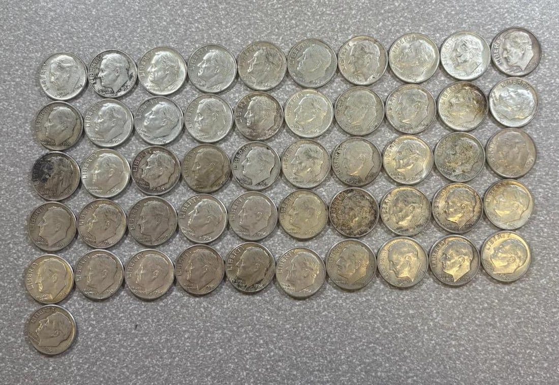 51- 90% Silver Roosevelt Dimes, various dates: IMPORTANT, WE ONLY ACCEPT CREDIT CARDS UP TO $500 FOR ONLINE COIN PURCHASES. YOU CAN PAY ACH THROUGH PROXIBID, OR YOU CAN SEND A WIRE OR CERTIFIED CHECK. WE WILL HOLD ALL SHIPPING OF COINS FOR 10 DAYS