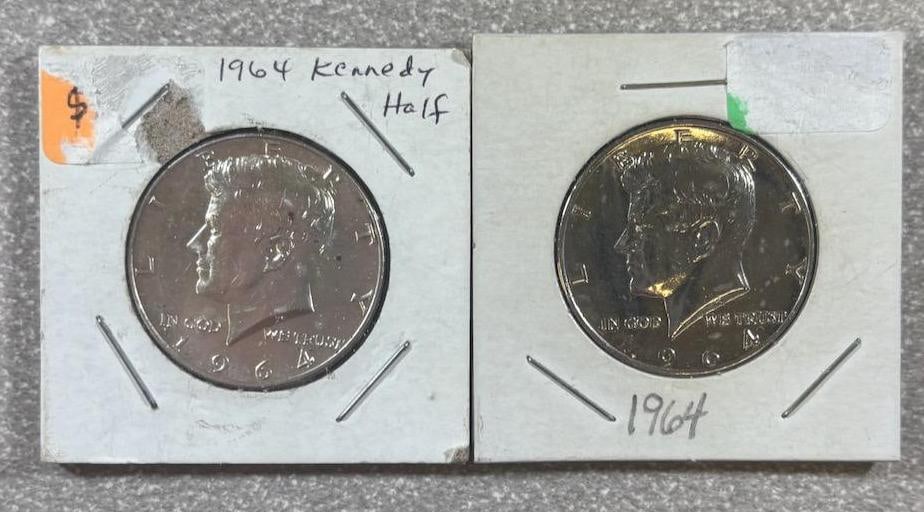 2- 1964 90% Silver Kennedy Half Dollars: IMPORTANT, WE ONLY ACCEPT CREDIT CARDS UP TO $500 FOR ONLINE COIN PURCHASES. YOU CAN PAY ACH THROUGH PROXIBID, OR YOU CAN SEND A WIRE OR CERTIFIED CHECK. WE WILL HOLD ALL SHIPPING OF COINS FOR 10 DAYS