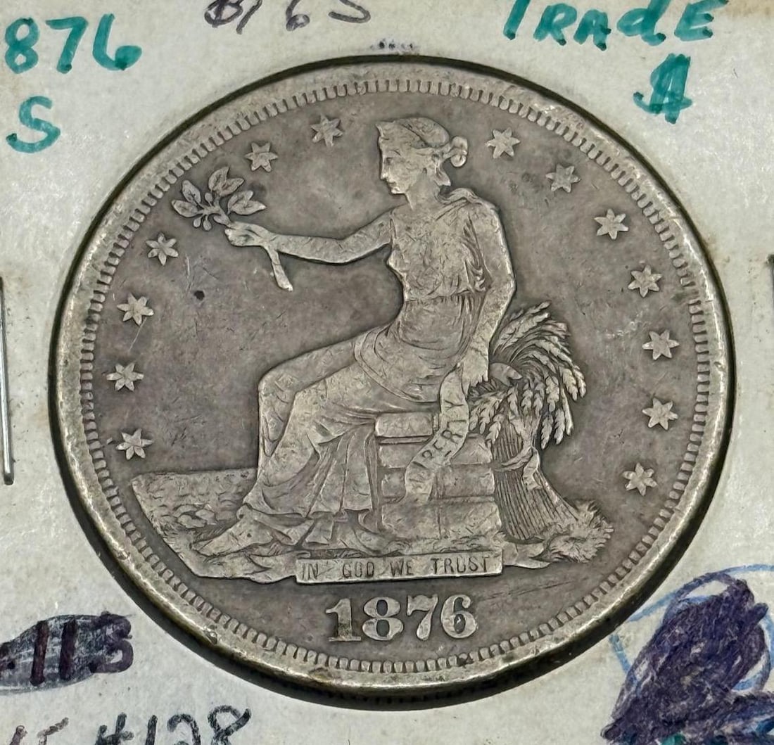 1876-S Trade Dollar Coin, San Francisco Mint, 420 Grains 900 Fine Silver: IMPORTANT, WE ONLY ACCEPT CREDIT CARDS UP TO $500 FOR ONLINE COIN PURCHASES. YOU CAN PAY ACH THROUGH PROXIBID, OR YOU CAN SEND A WIRE OR CERTIFIED CHECK. WE WILL HOLD ALL SHIPPING OF COINS FOR 10 DAYS